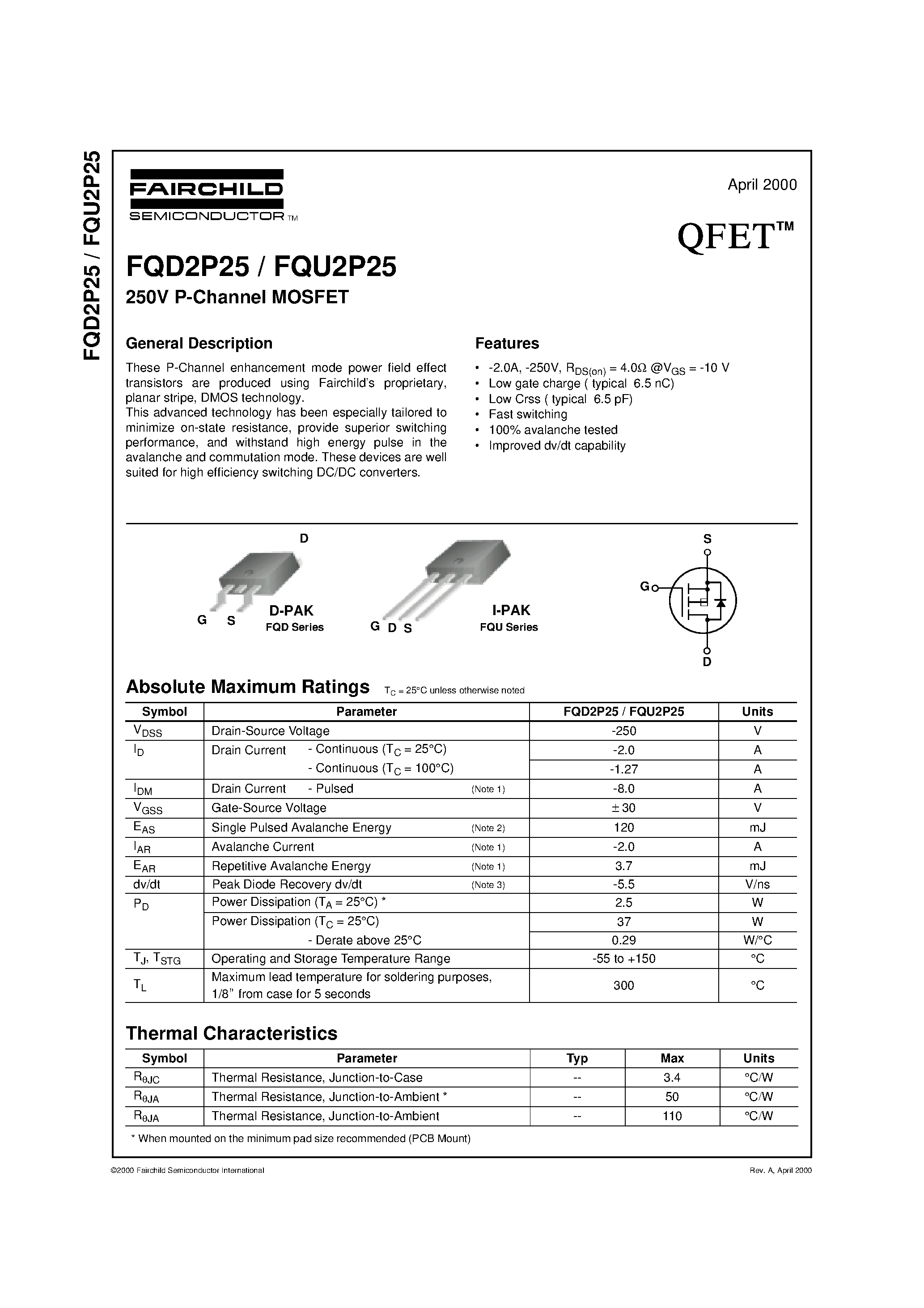 Datasheet FQD2P25 - 250V P-Channel MOSFET page 1
