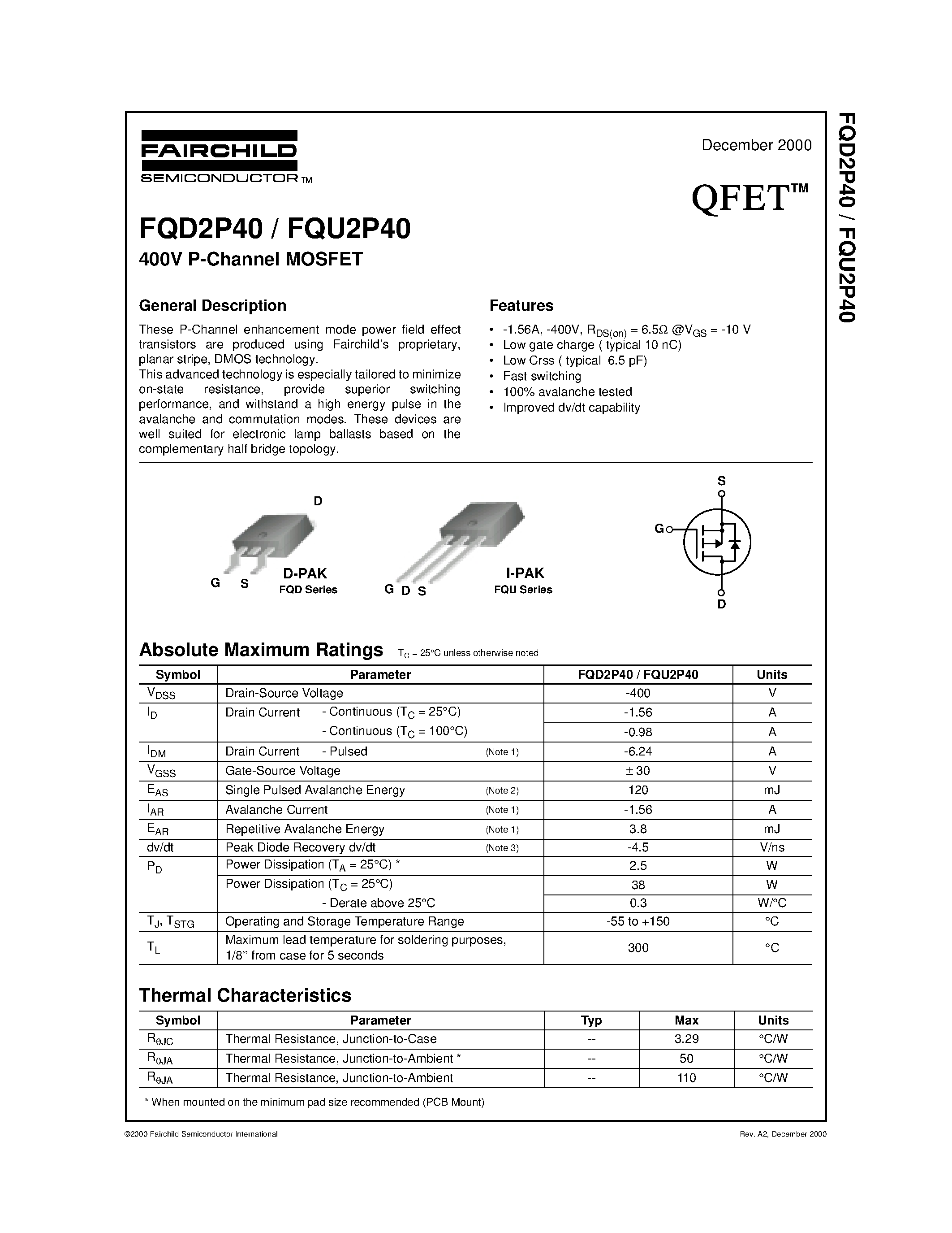 Datasheet FQD2P40 - 400V P-Channel MOSFET page 1