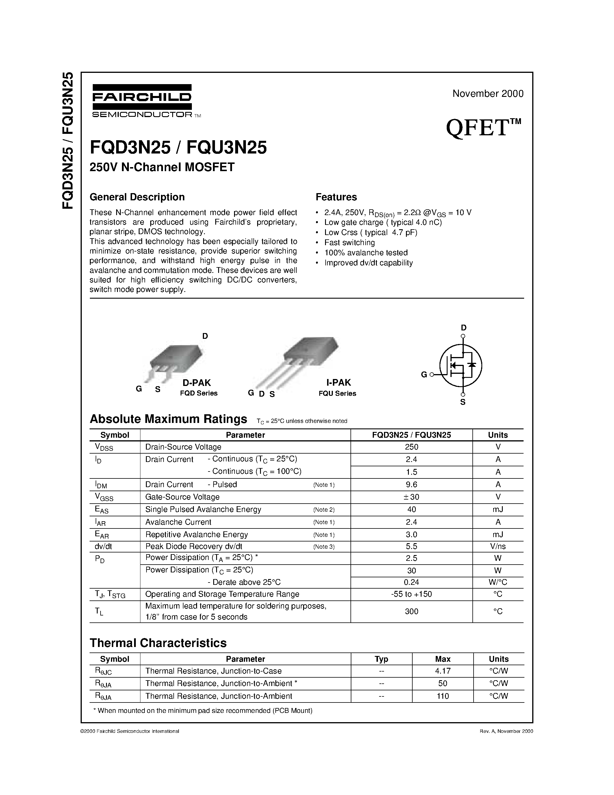 Даташит FQD3N25 - 250V N-Channel MOSFET страница 1
