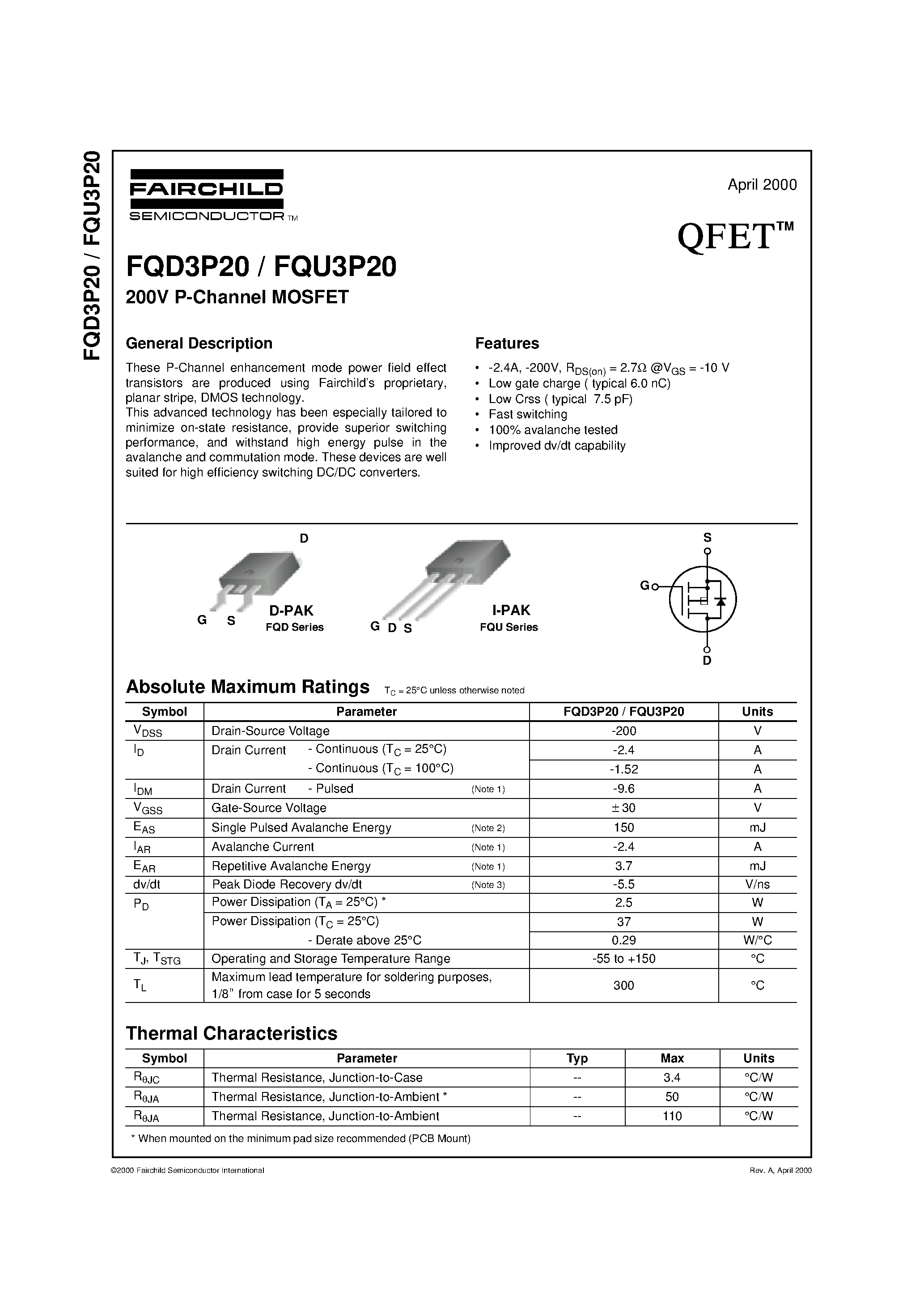 Datasheet FQD3P20 - 200V P-Channel MOSFET page 1