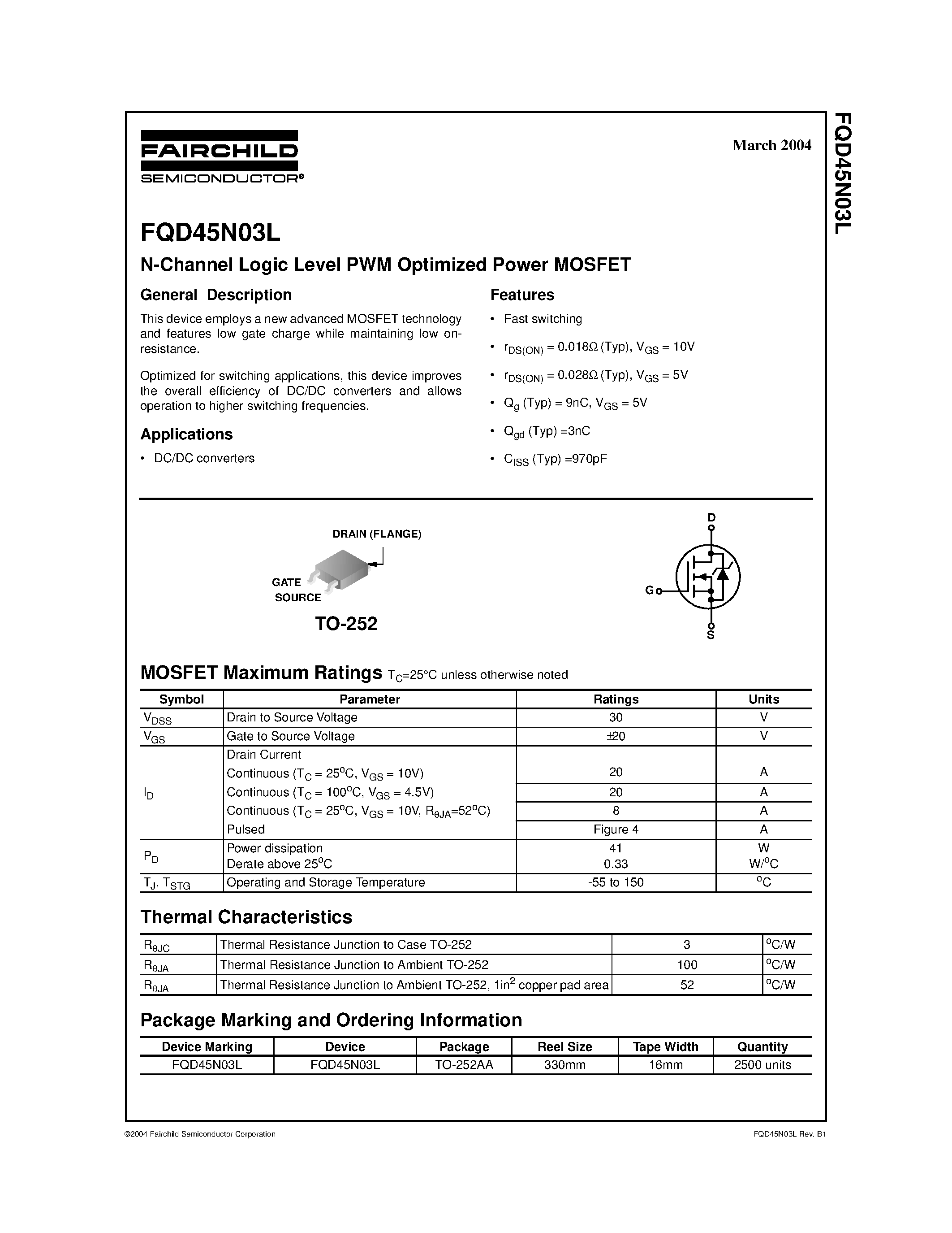 Datasheet FQD45N03L - N-Channel Logic Level PWM Optimized Power MOSFET page 1