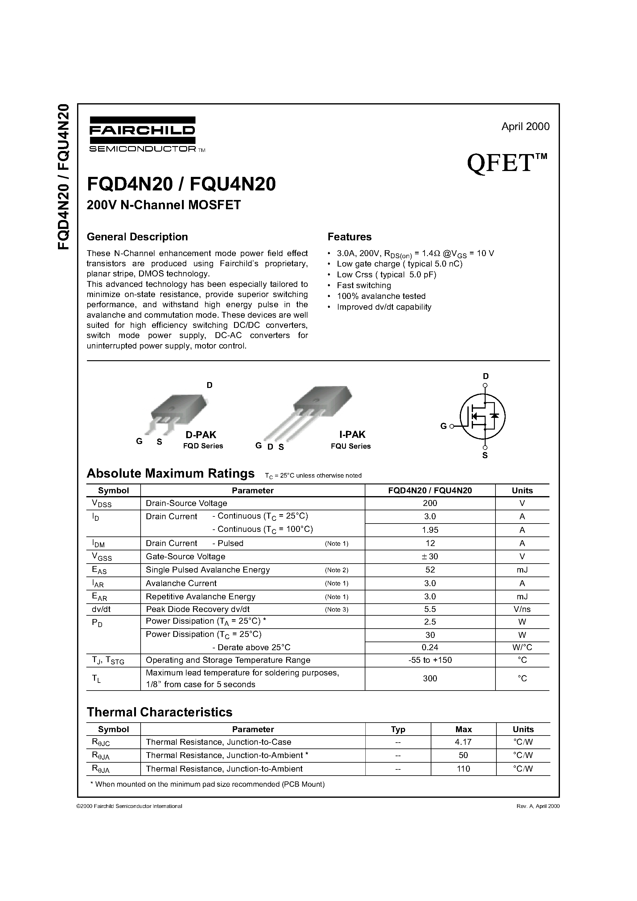 Datasheet FQD4N20 - 200V N-Channel MOSFET page 1