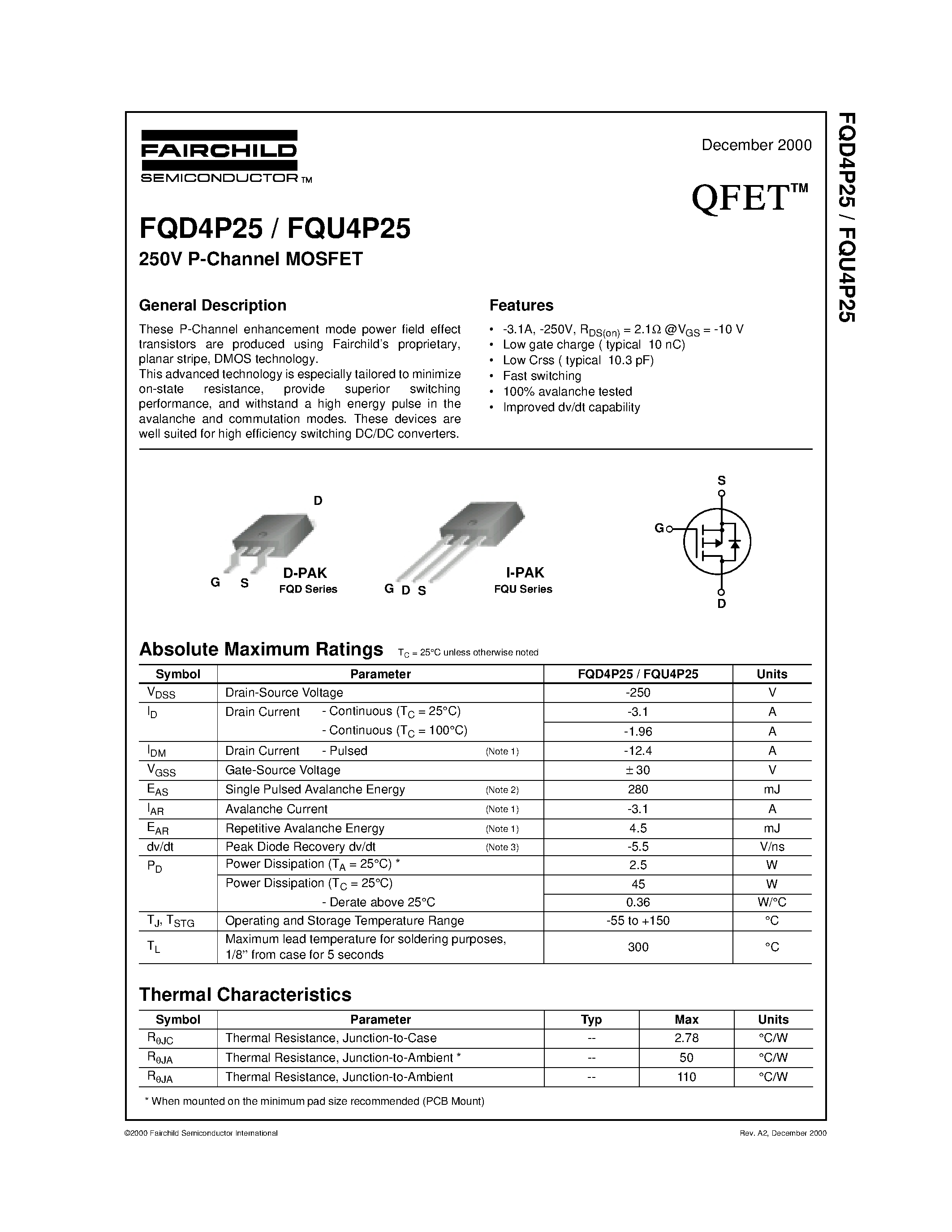 Datasheet FQD4P25 - 250V P-Channel MOSFET page 1