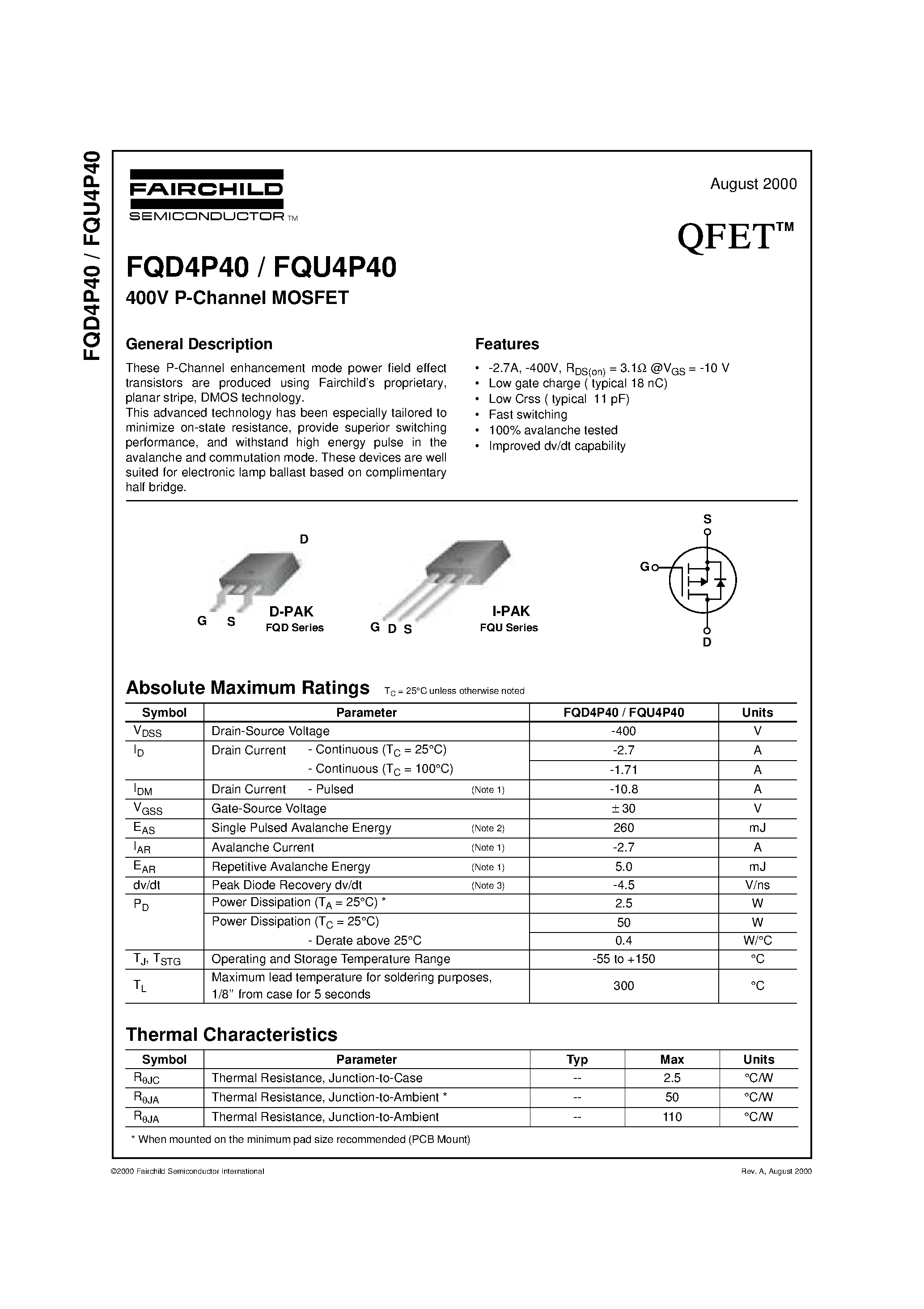 Datasheet FQD4P40 - 400V P-Channel MOSFET page 1
