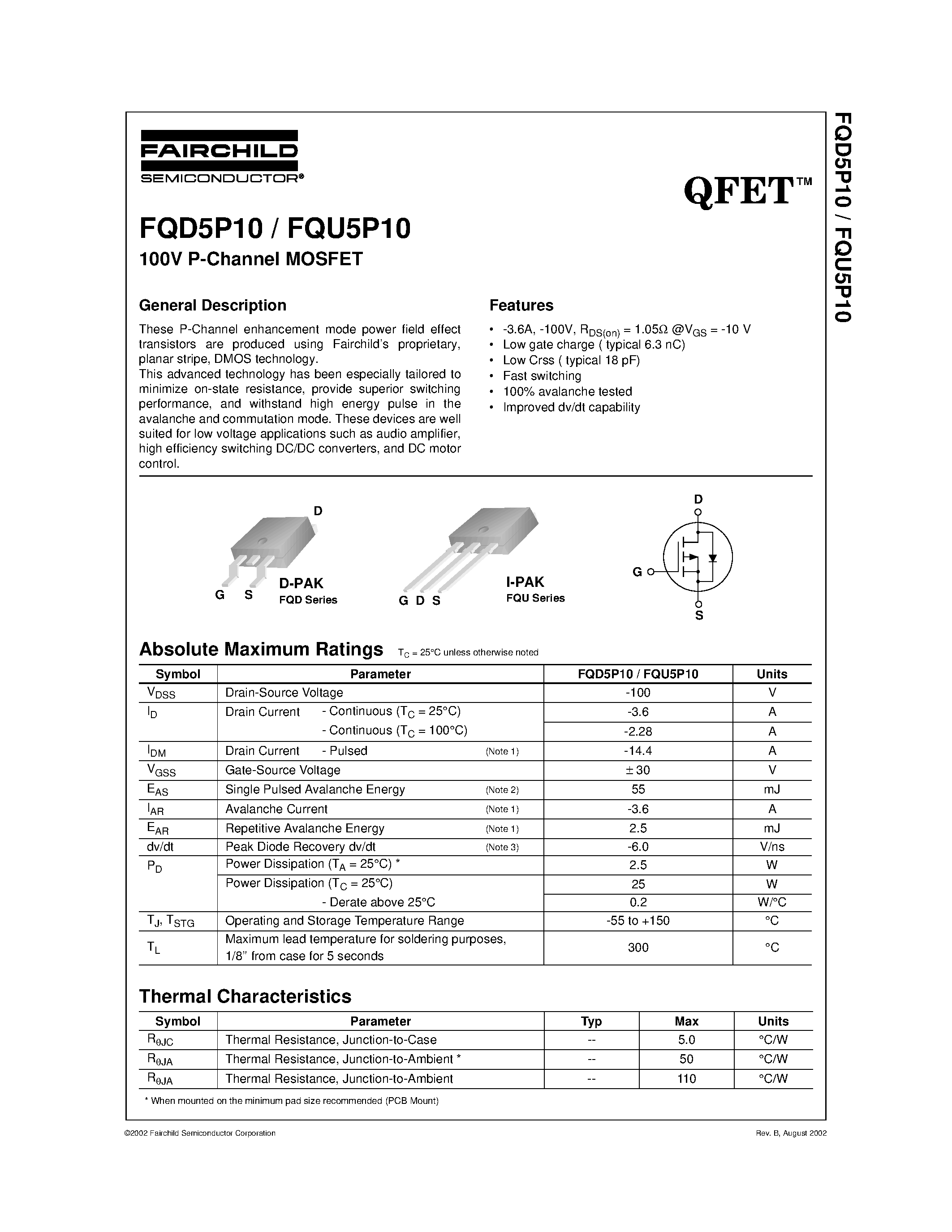Даташит FQD5P10 - 100V P-Channel MOSFET страница 1