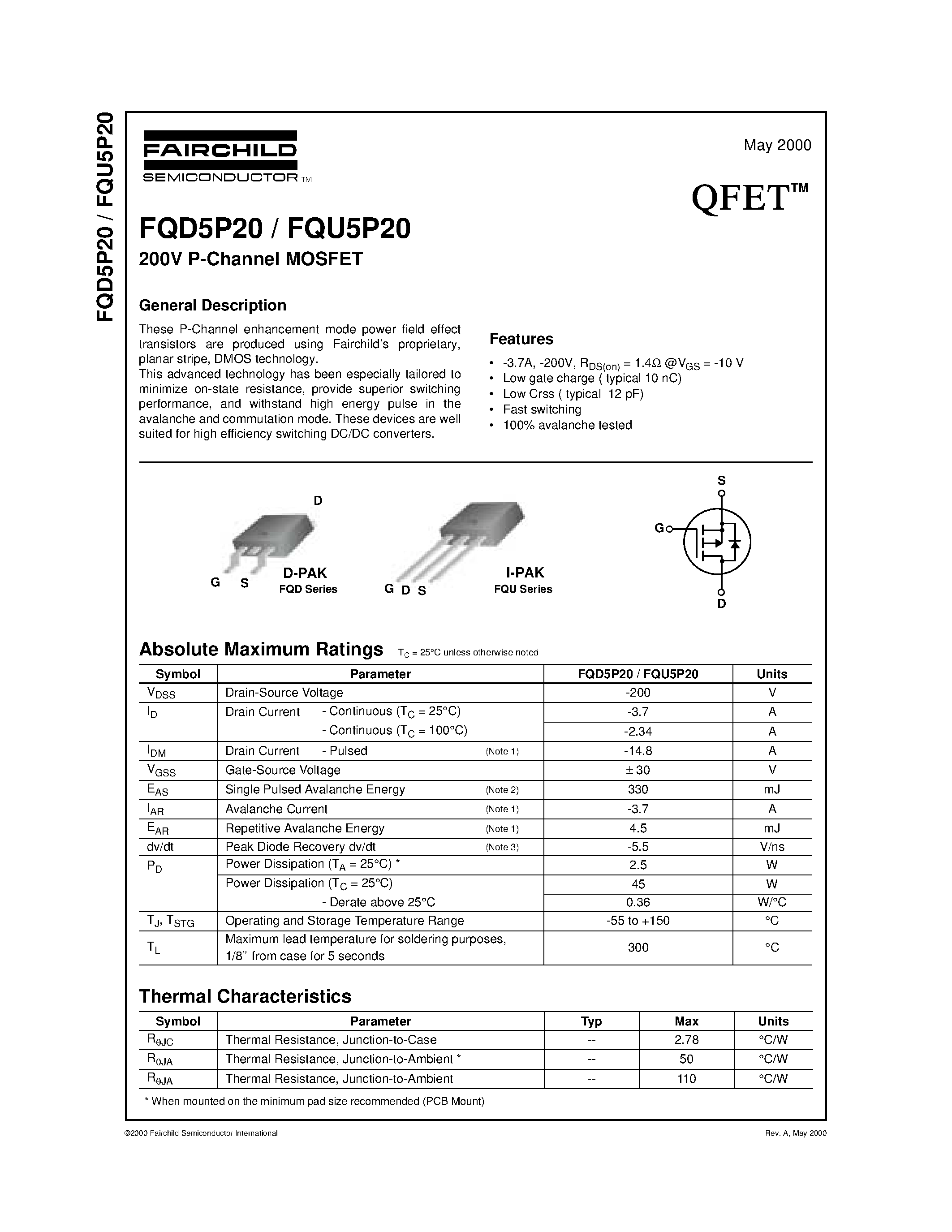 Datasheet FQD5P20 - 200V P-Channel MOSFET page 1