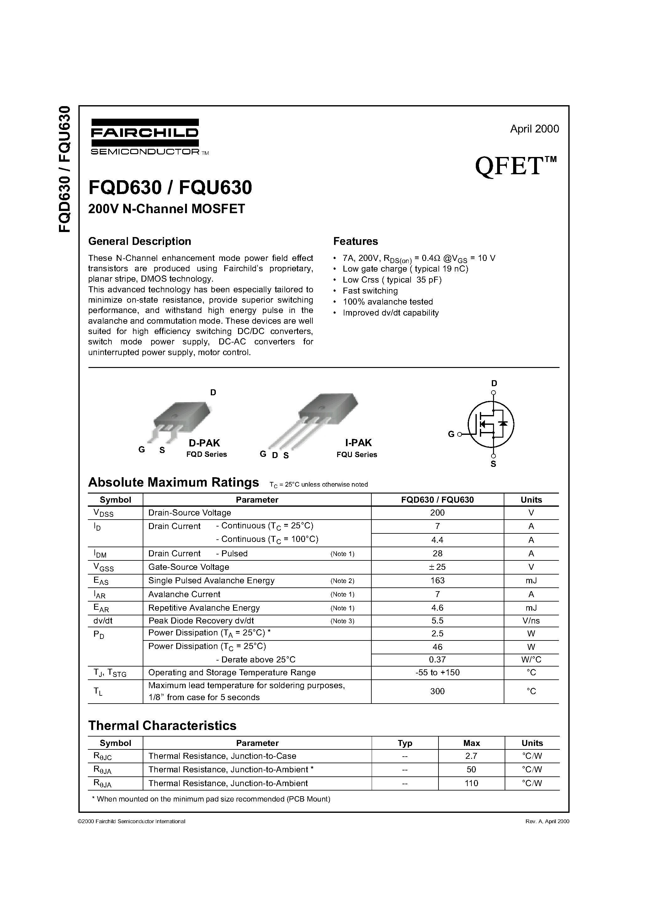 Datasheet FQD630 - 200V N-Channel MOSFET page 1