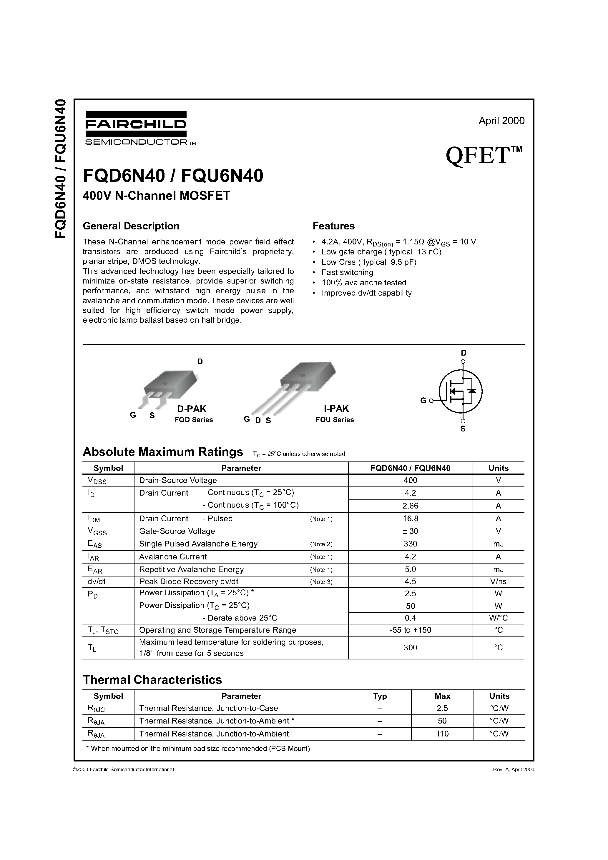 Даташит FQD6N40 - 400V N-Channel MOSFET страница 1