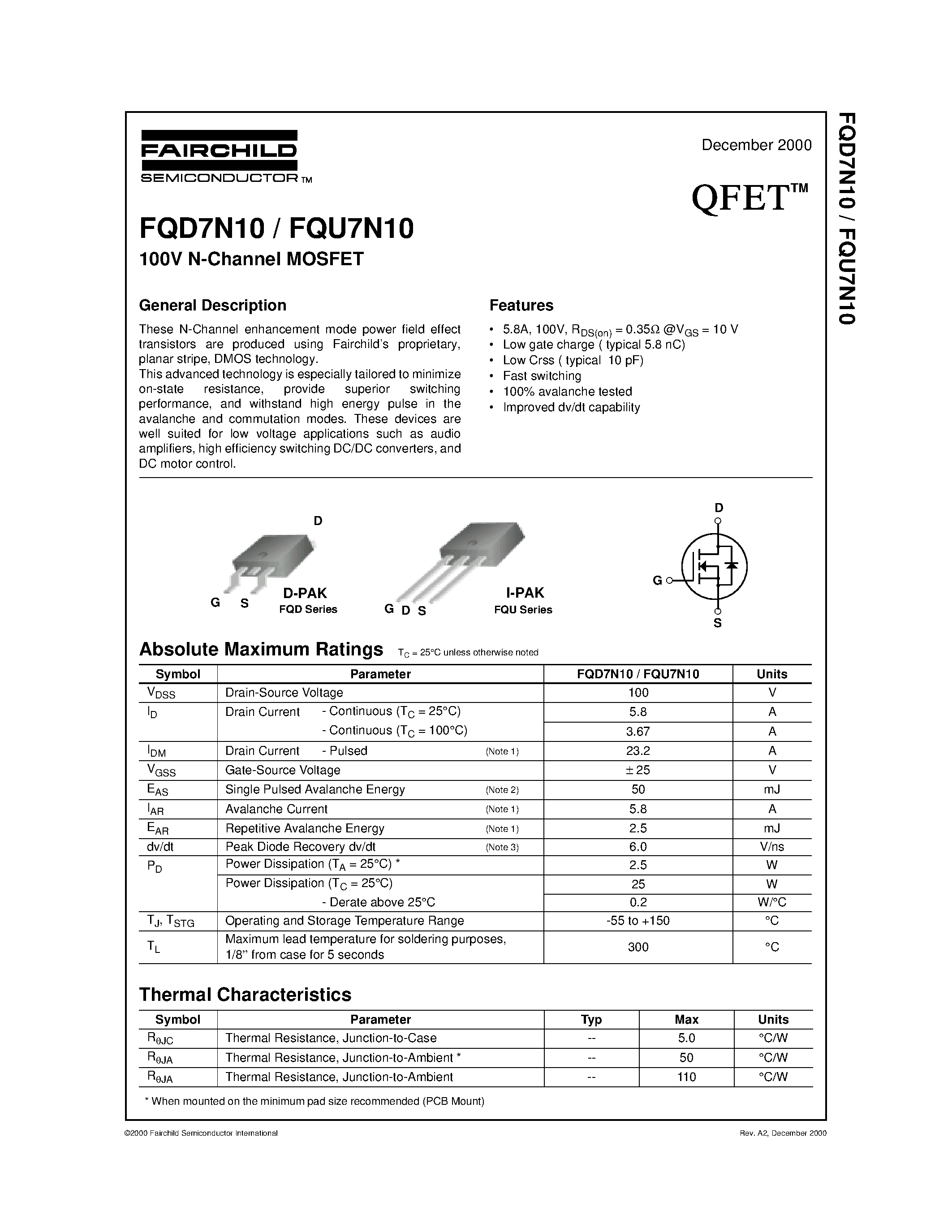 Даташит FQD7N10 - 100V N-Channel MOSFET страница 1