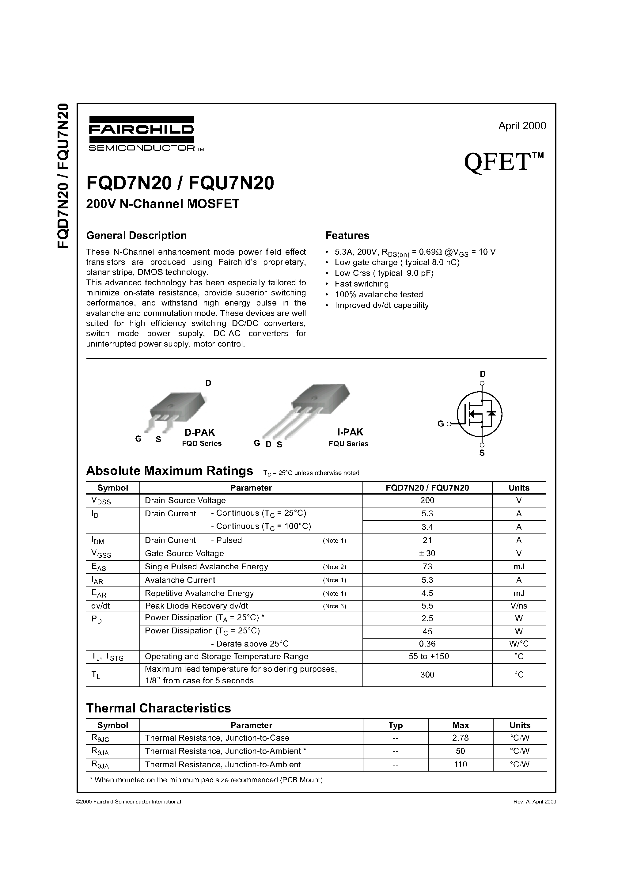 Datasheet FQD7N20 - 200V N-Channel MOSFET page 1