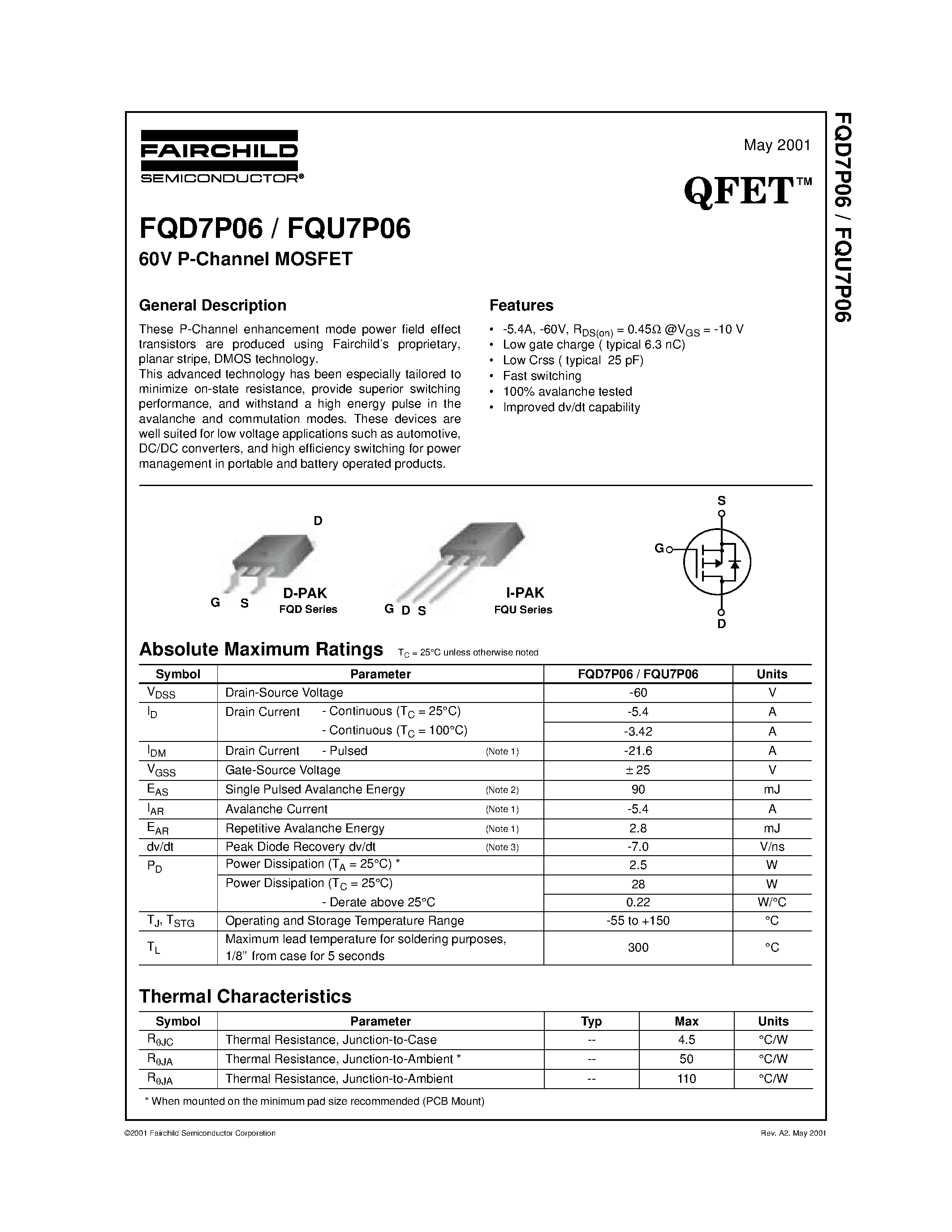 Datasheet FQD7P06 - 60V P-Channel MOSFET page 1