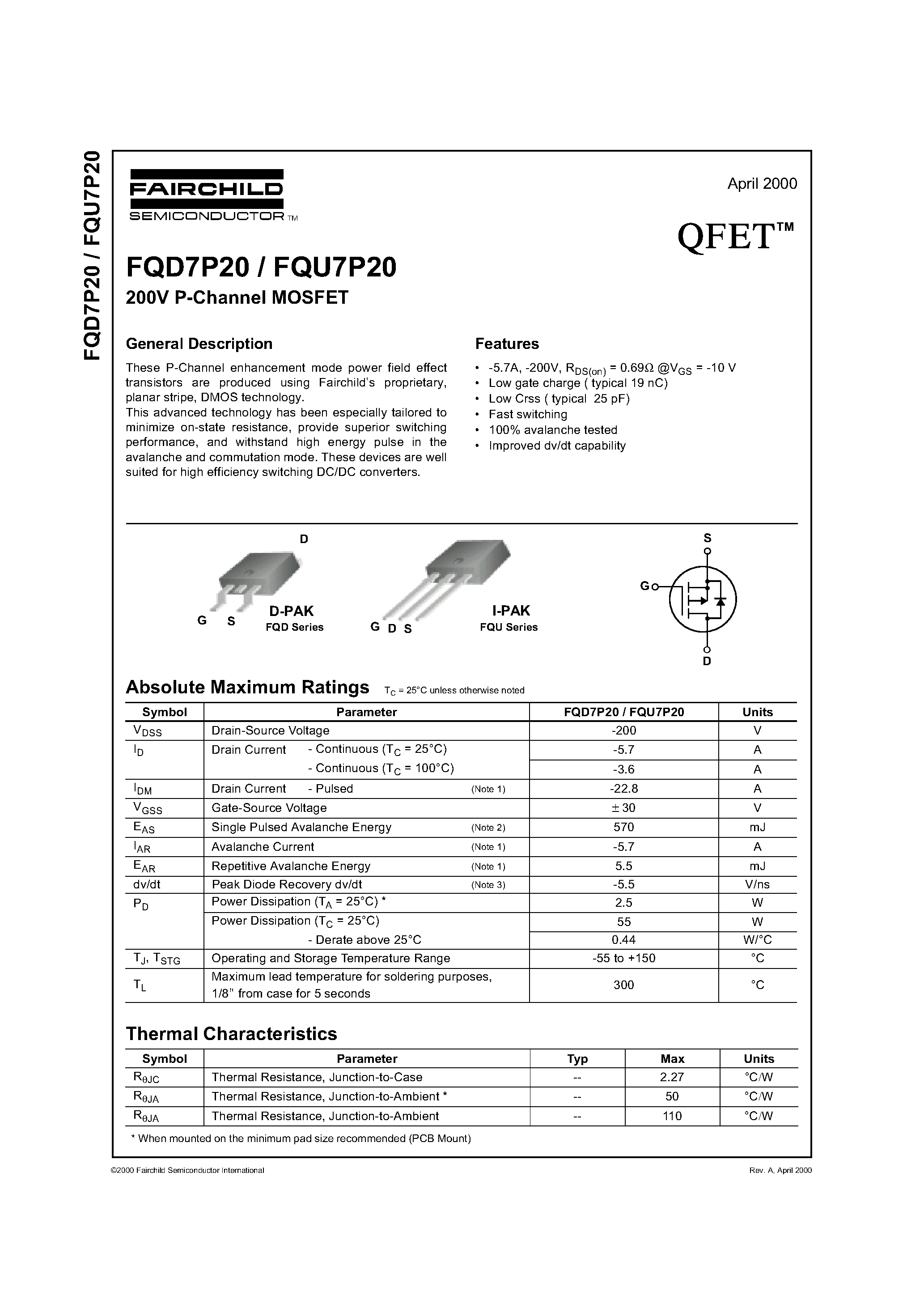 Datasheet FQD7P20 - 200V P-Channel MOSFET page 1