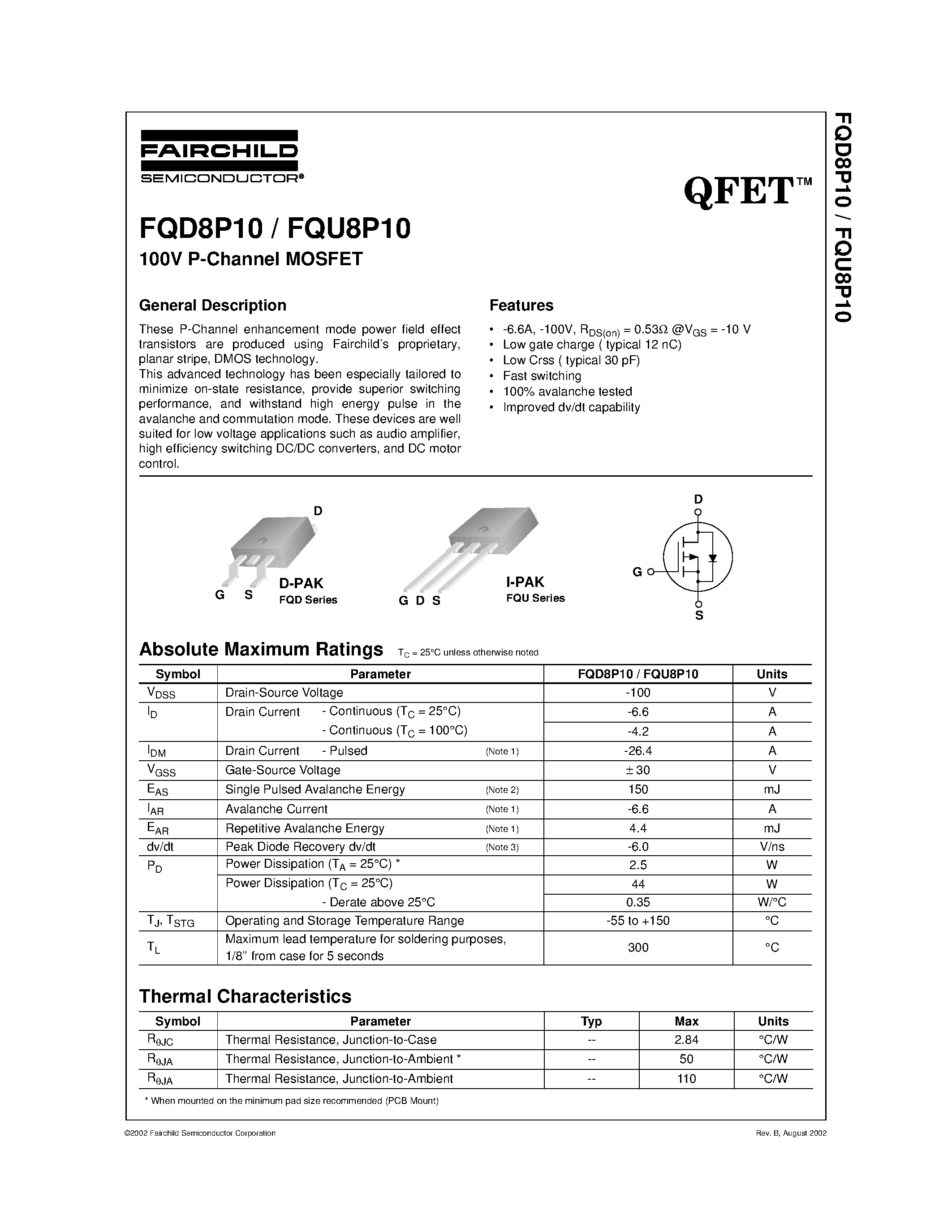 Datasheet FQD8P10 - 100V P-Channel MOSFET page 1