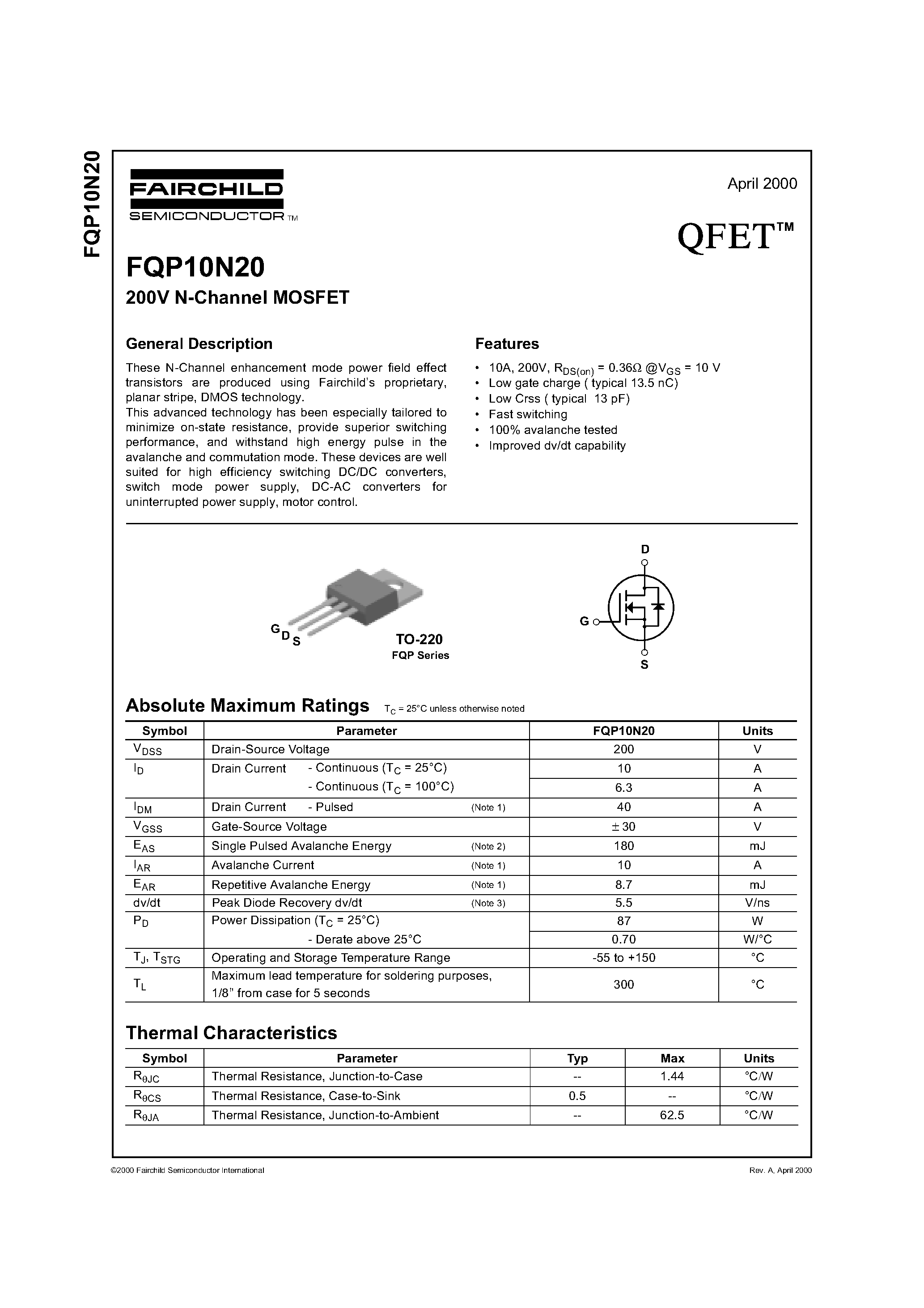 Даташит FQP10N20 - 200V LOGIC N-Channel MOSFET страница 1