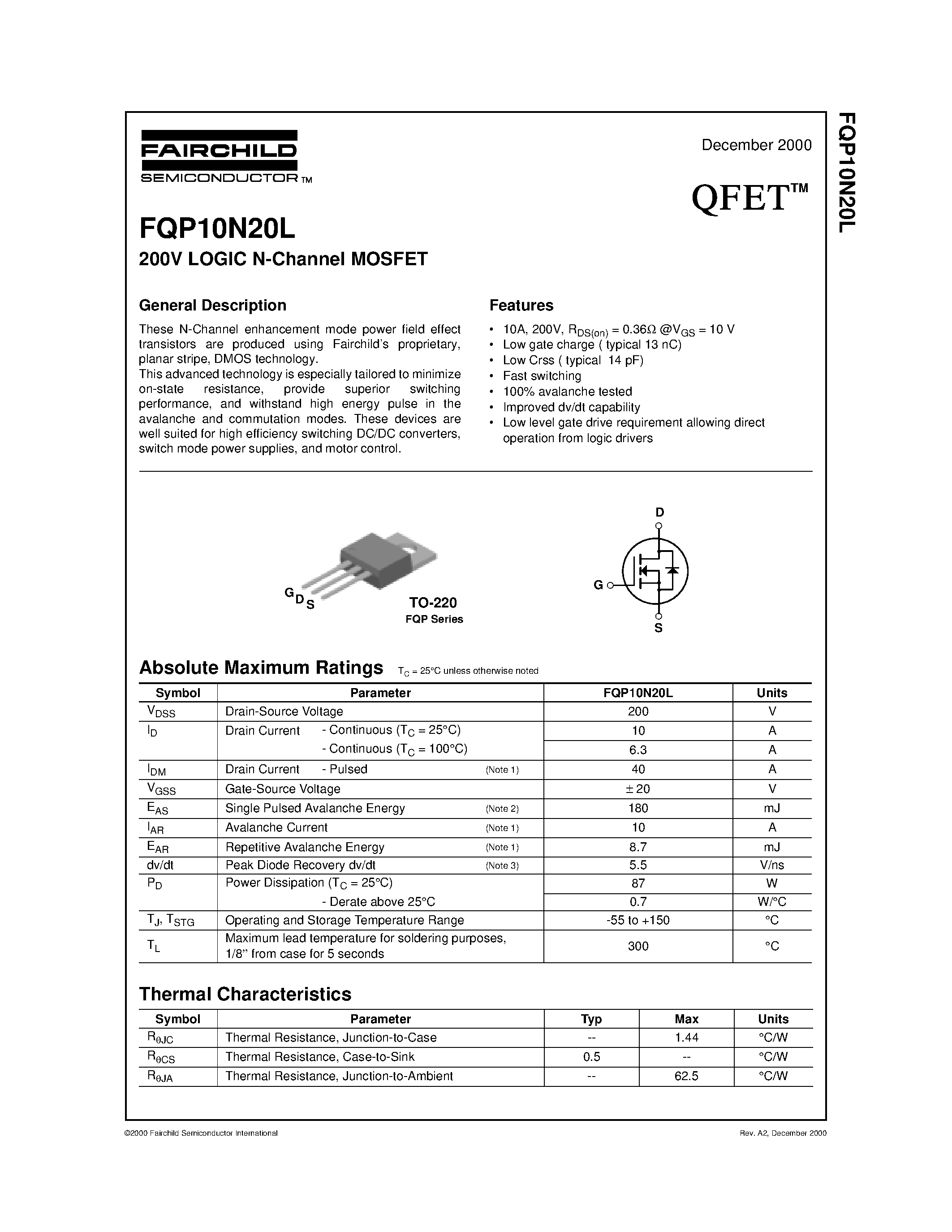 Даташит FQP10N20L - 200V LOGIC N-Channel MOSFET страница 1