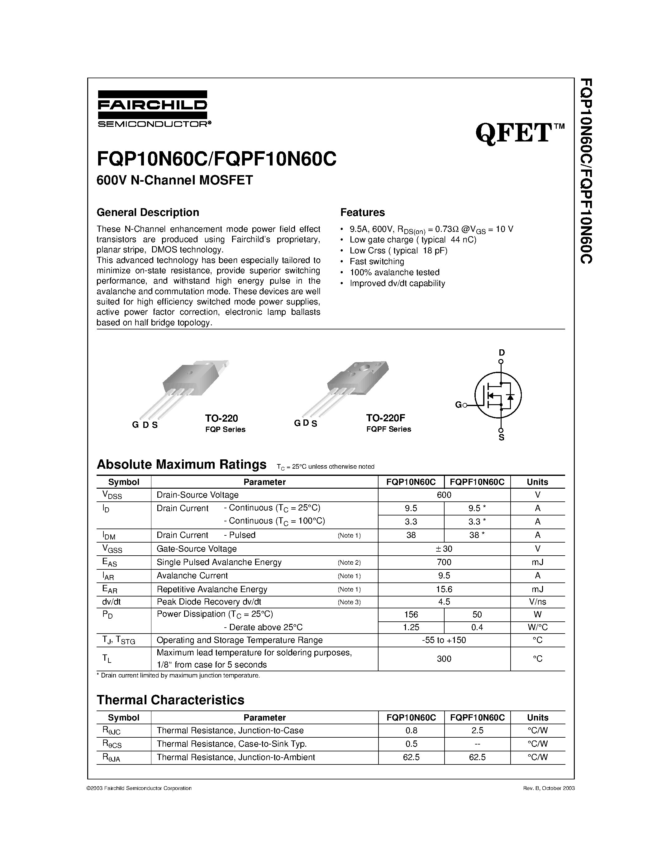 Даташит FQP10N60C - 600V N-Channel MOSFET страница 1