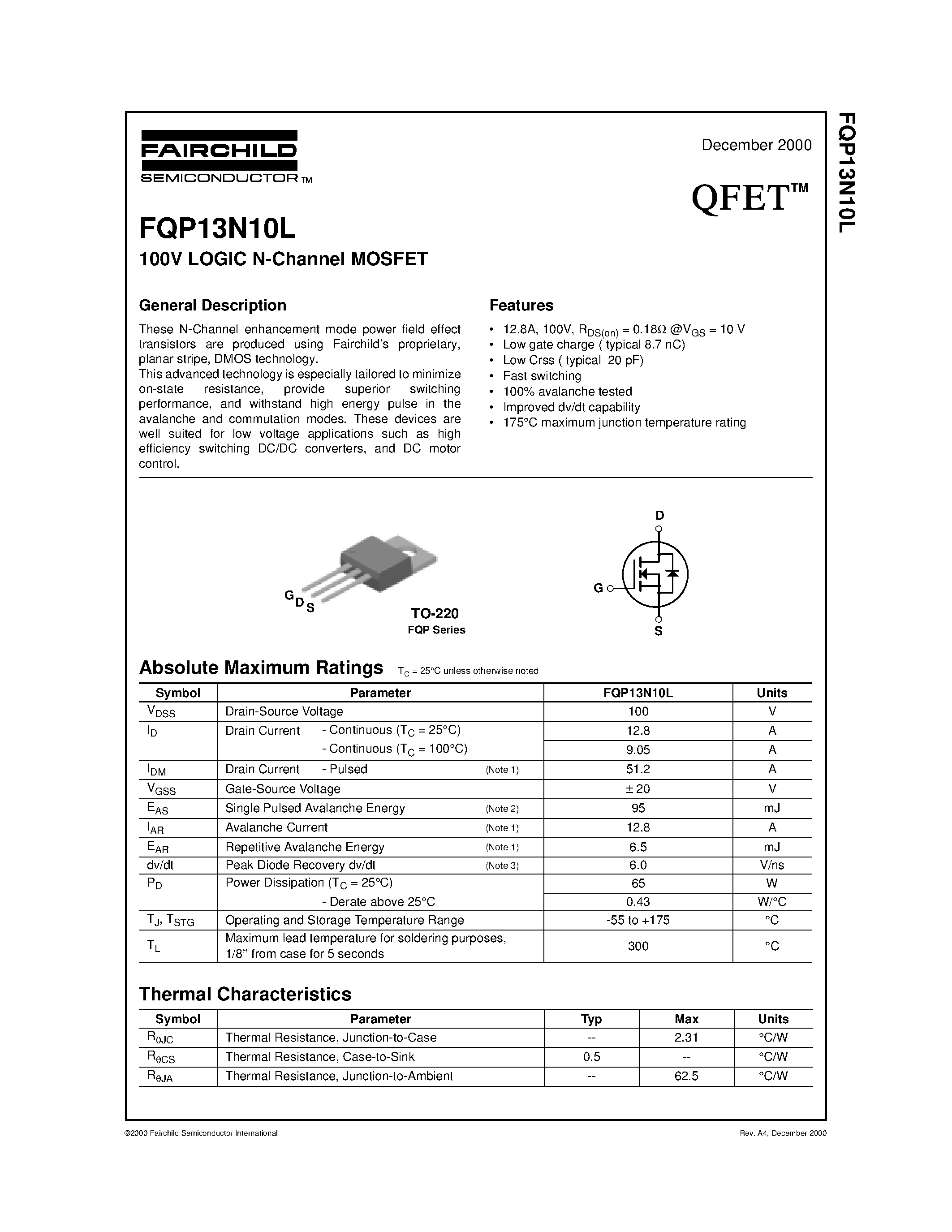 Datasheet FQP13N10L - 100V LOGIC N-Channel MOSFET page 1