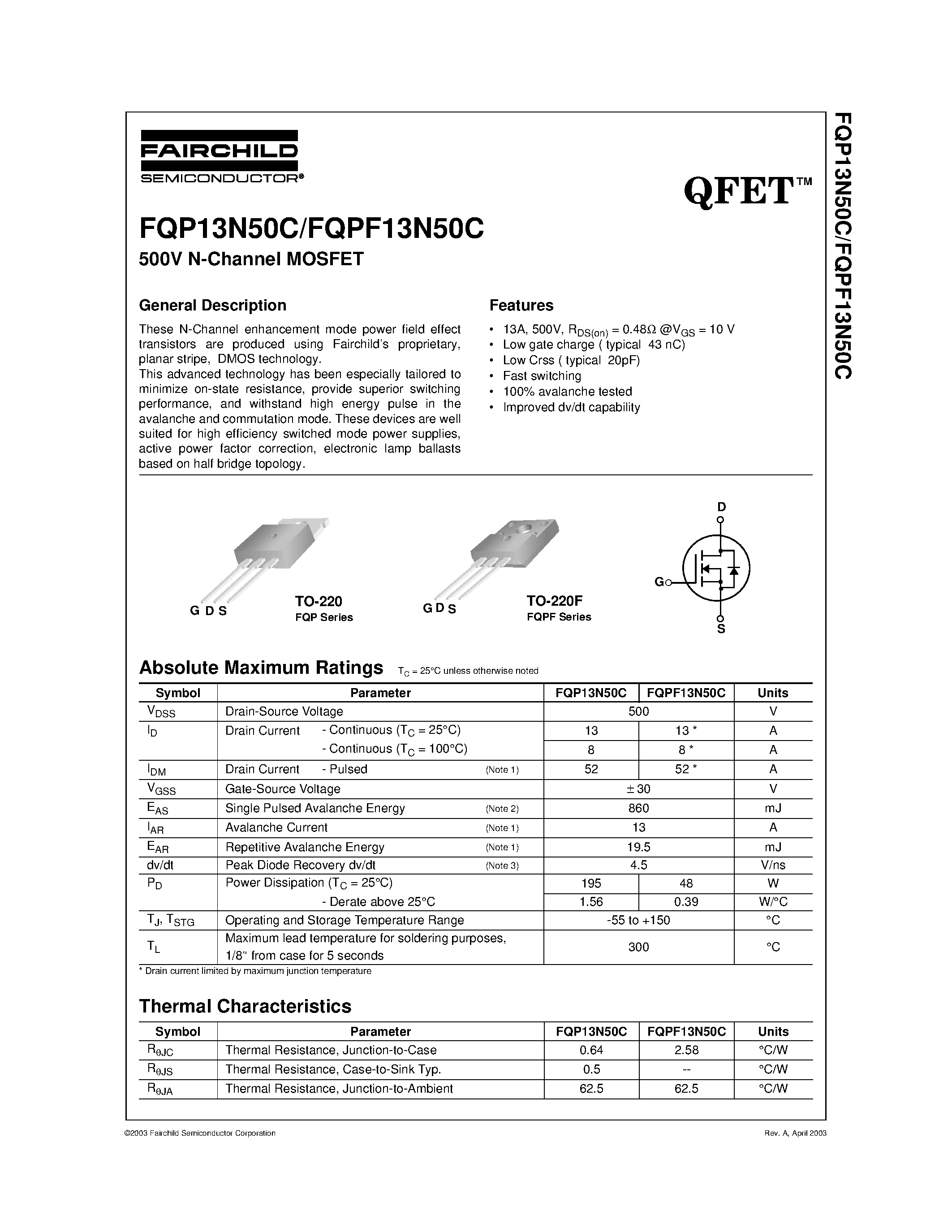 Datasheet FQP13N50C - 500V N-Channel MOSFET page 1