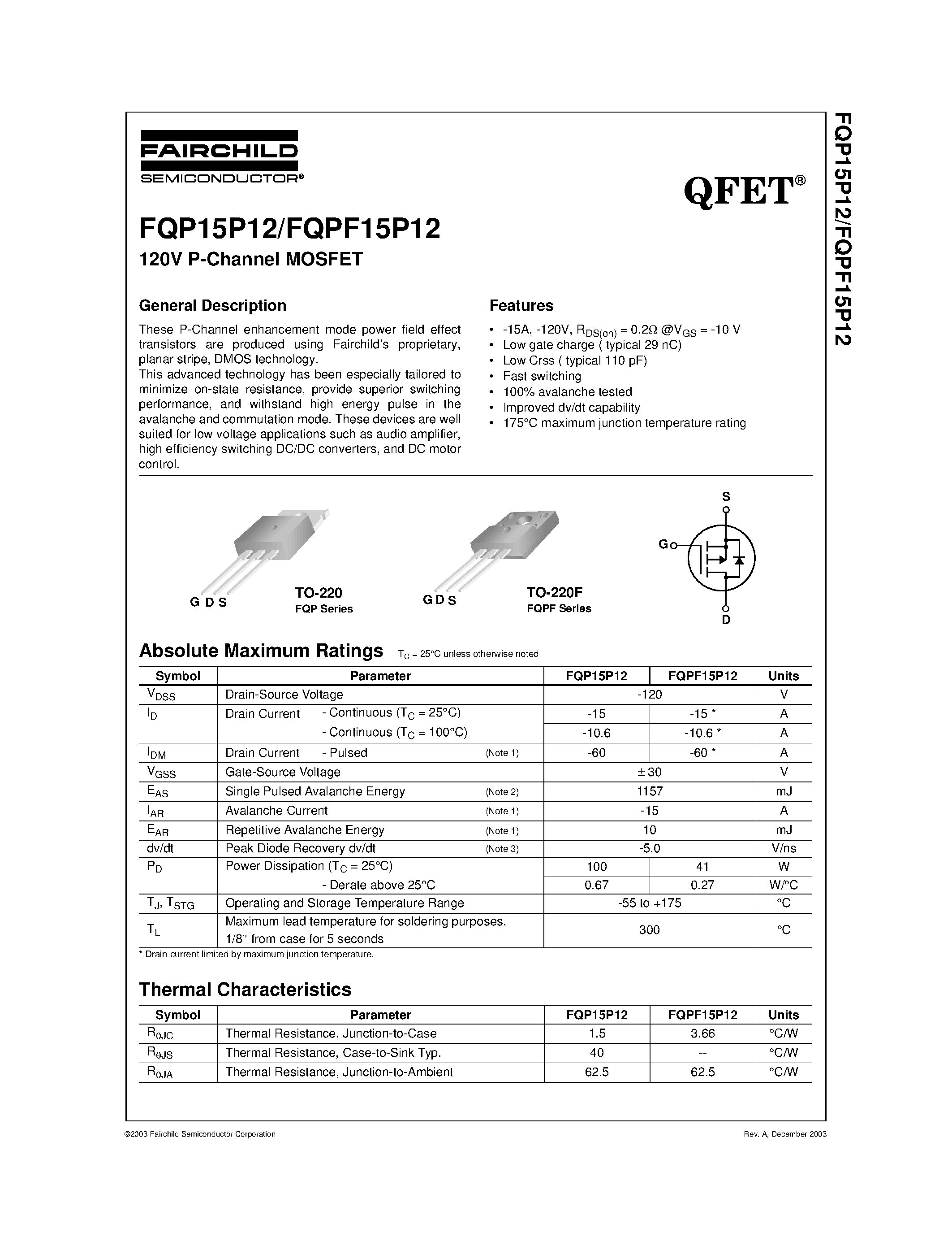 Datasheet FQP15P12 - 120V P-Channel MOSFET page 1