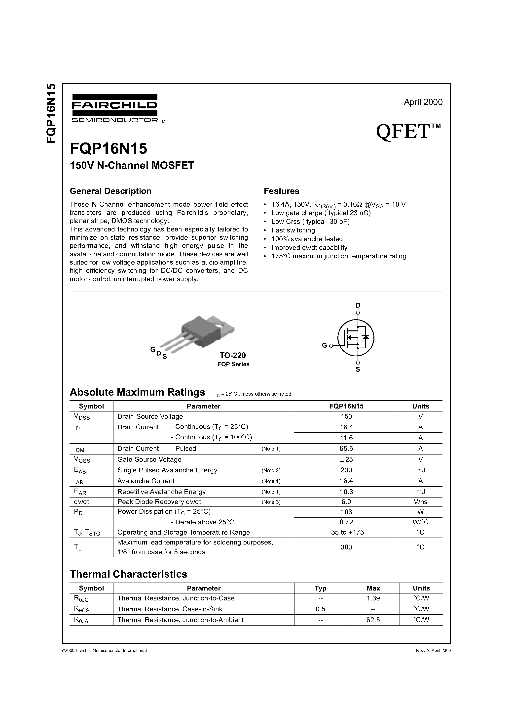 Даташит FQP16N15 - 150V N-Channel MOSFET страница 1