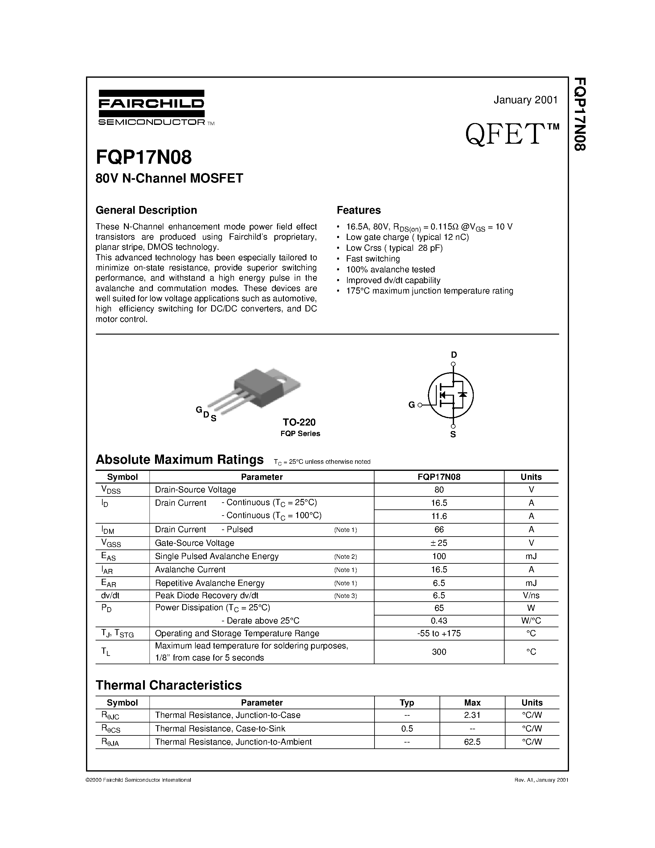 Datasheet FQP17N08 - 80V N-Channel MOSFET page 1