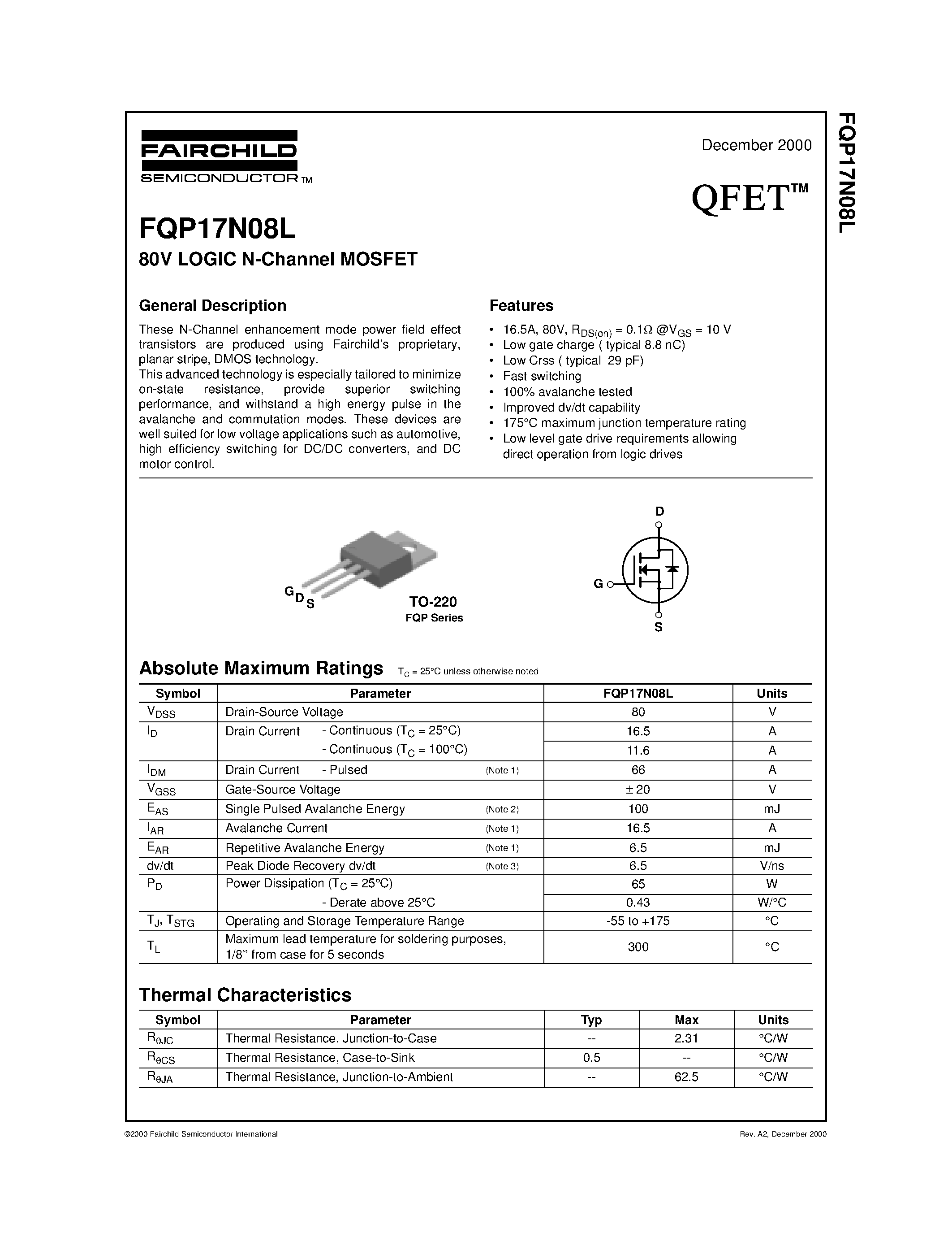 Даташит FQP17N08L - 80V LOGIC N-Channel MOSFET страница 1