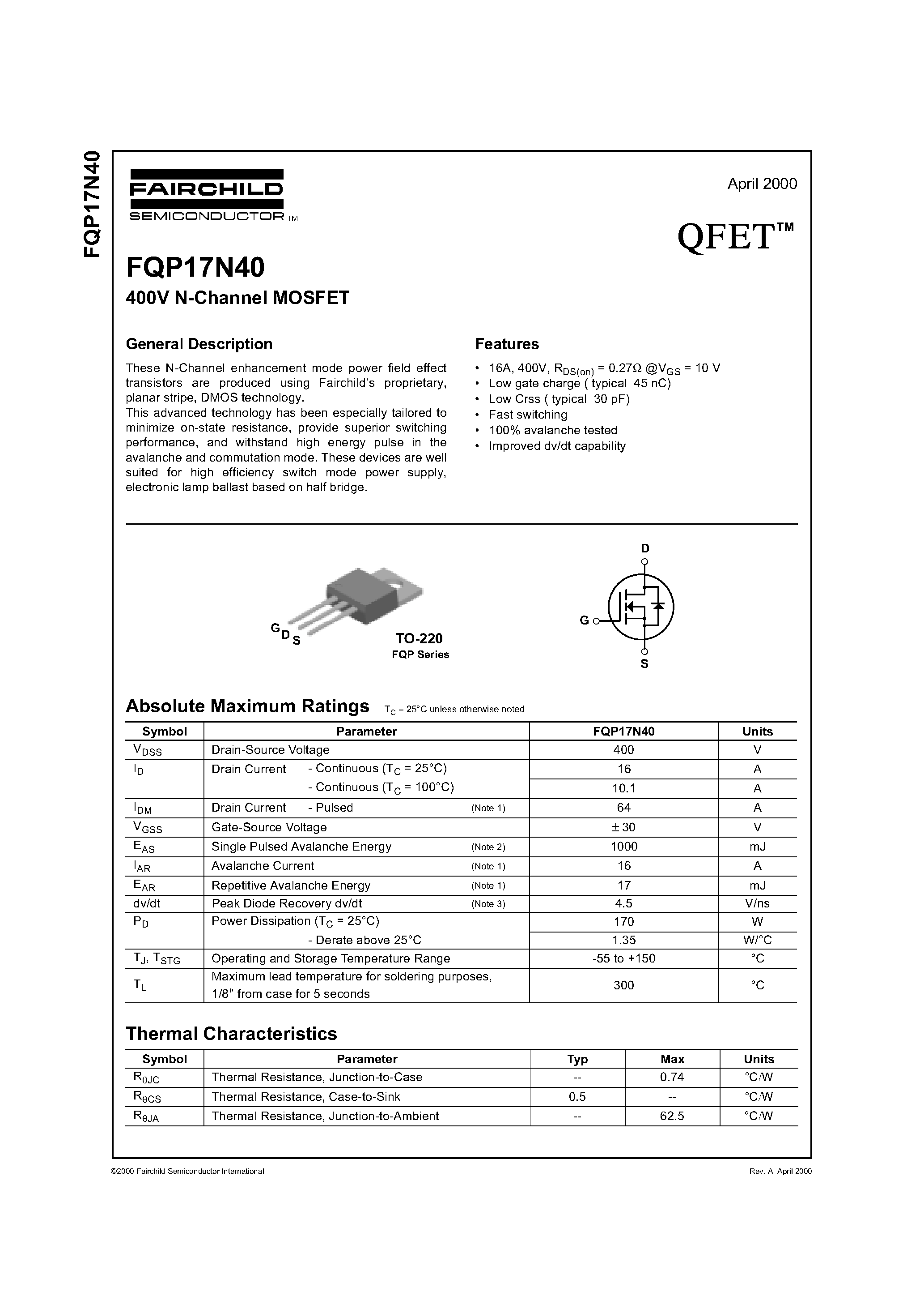 Datasheet FQP17N40 - 400V N-Channel MOSFET page 1