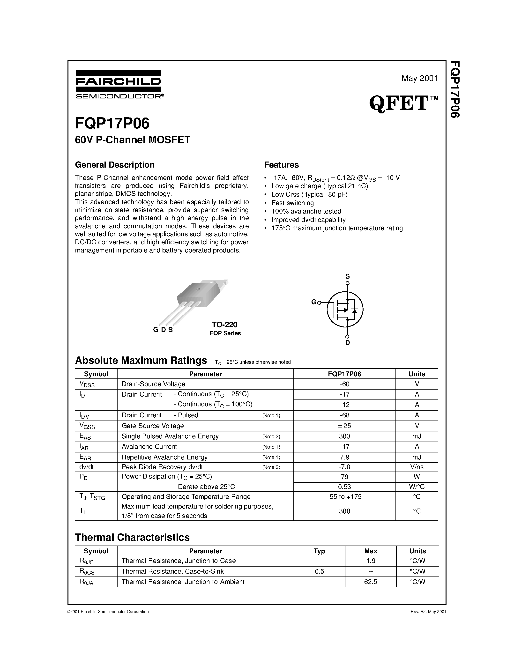 Даташит FQP17P06 - 60V P-Channel MOSFET страница 1