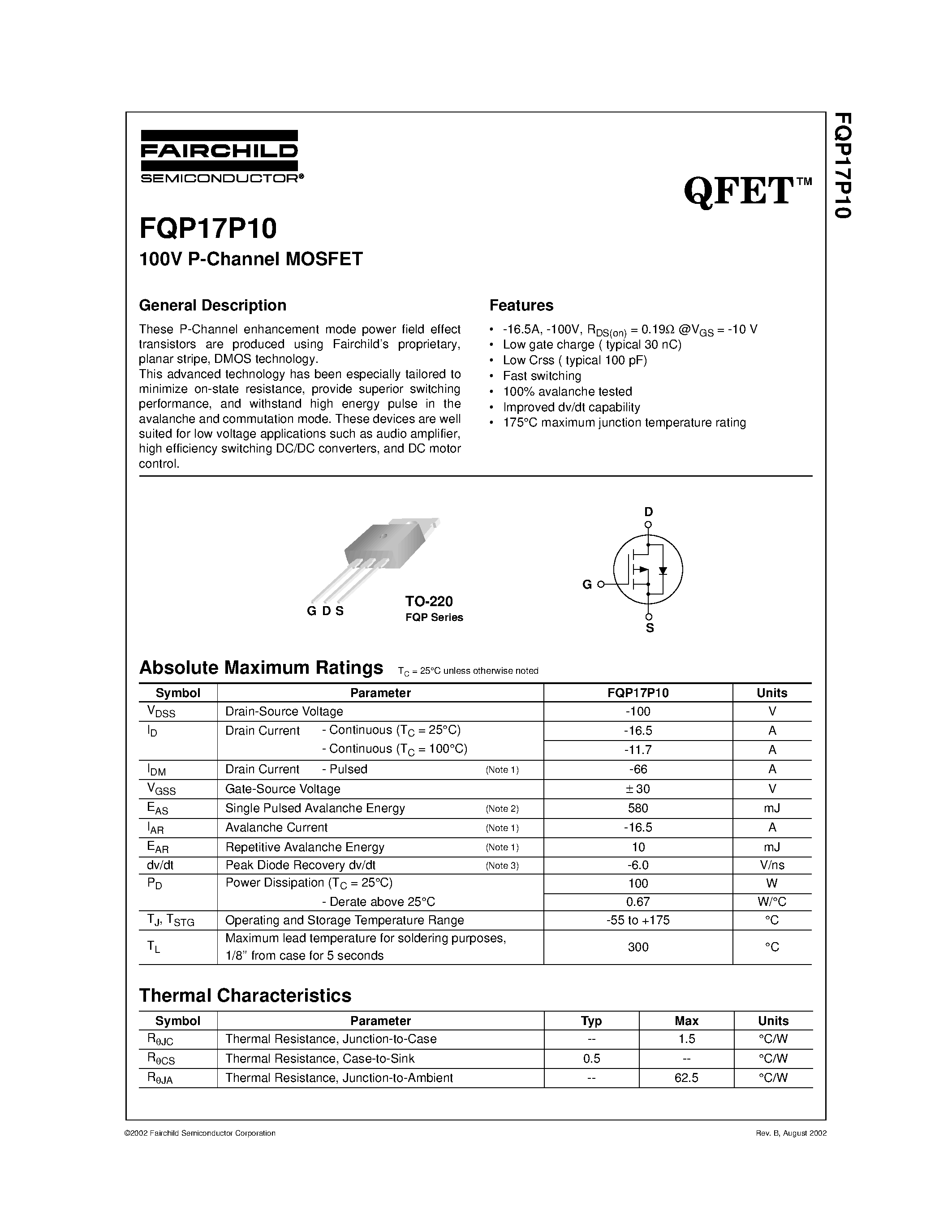 Даташит FQP17P10 - 100V P-Channel MOSFET страница 1
