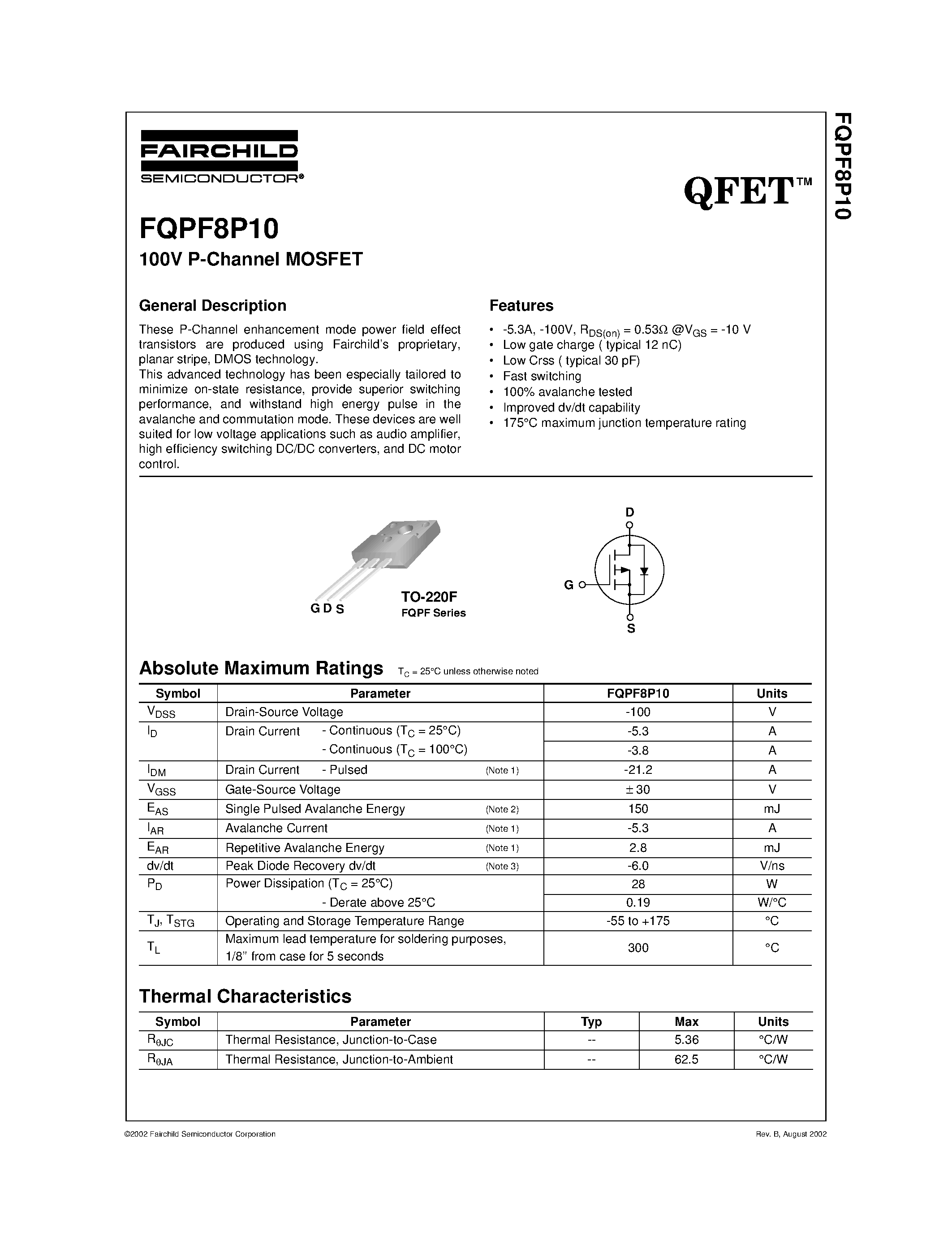 Даташит FQPF8P10 - 100V P-Channel MOSFET страница 1