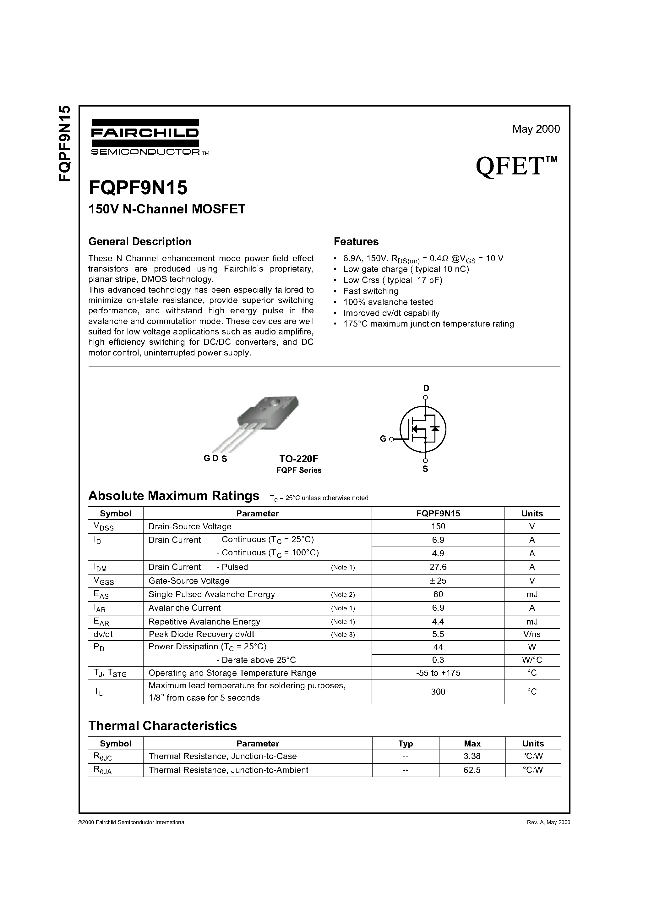 Даташит FQPF9N15 - 150V N-Channel MOSFET страница 1