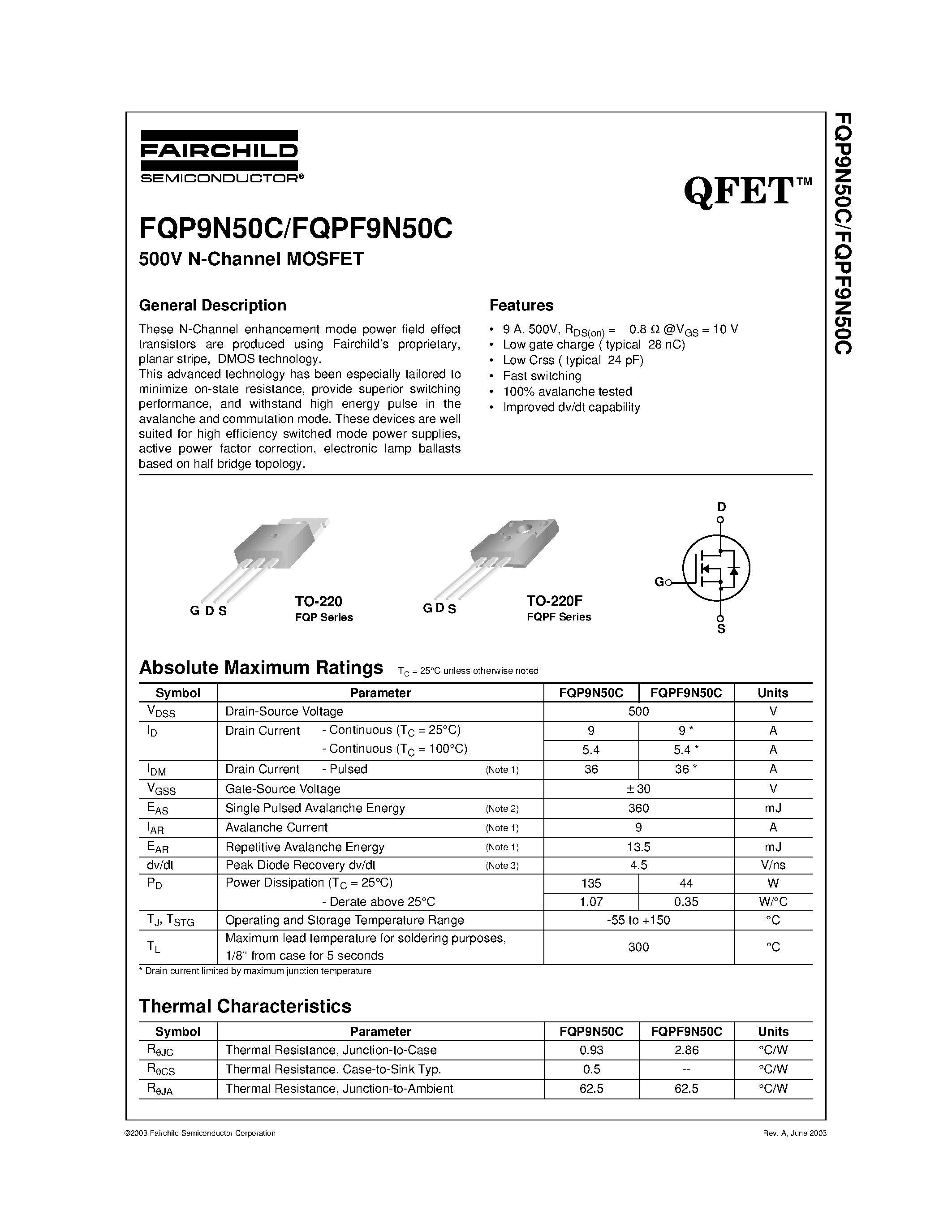 Даташит FQPF9N50C - 500V N-Channel MOSFET страница 1