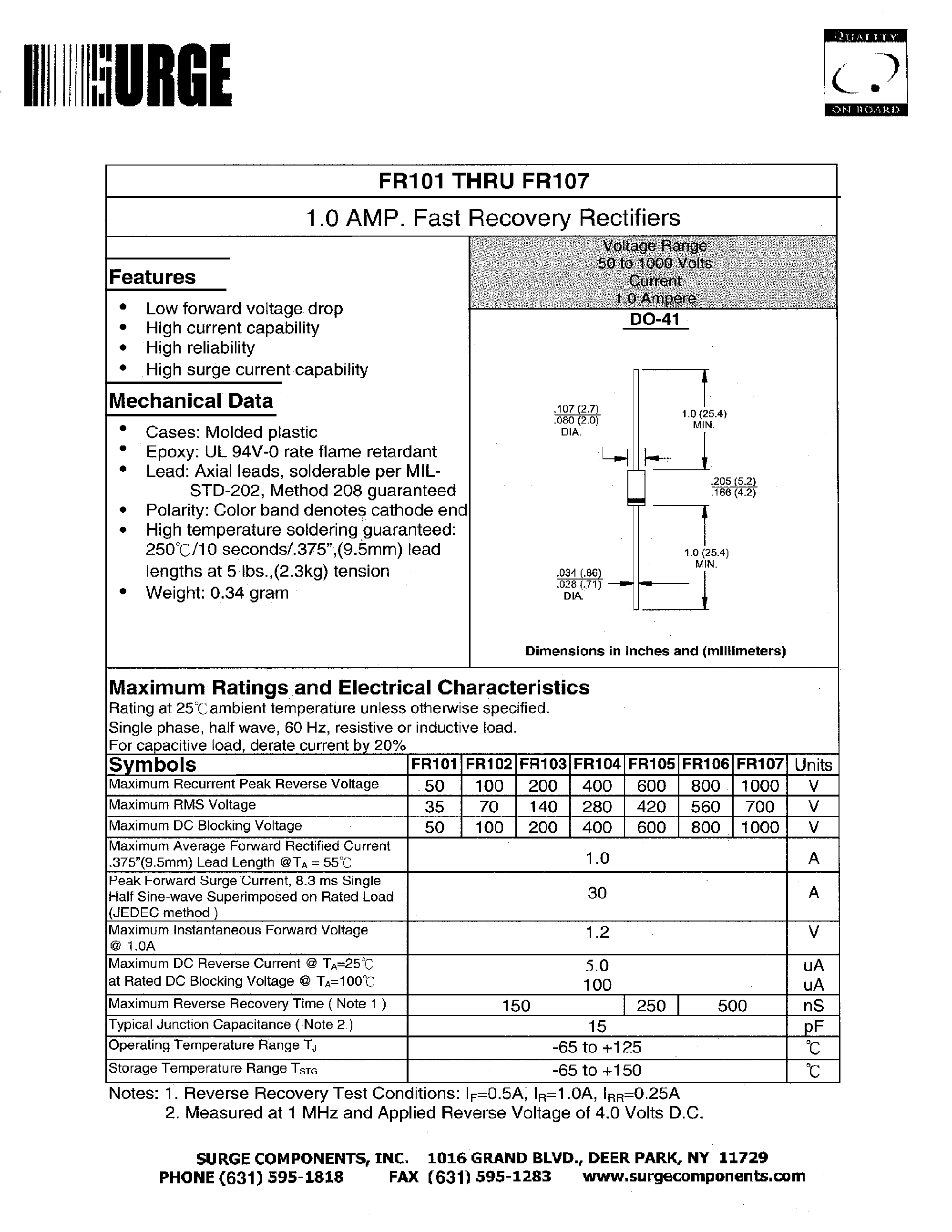 Datasheet FR101 - 1.0 AMP. Fast Recovery Rectifiers page 1