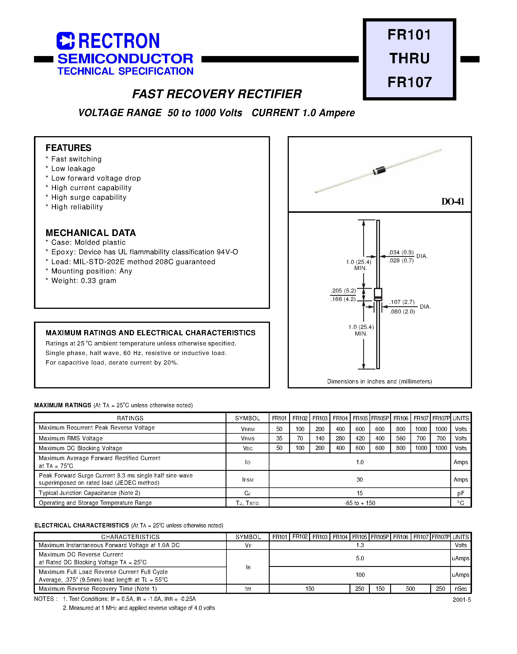 Datasheet FR101 - FAST RECOVERY RECTIFIER(VOLTAGE RANGE 50 to 1000 Volts CURRENT 1.0 Ampere) page 1