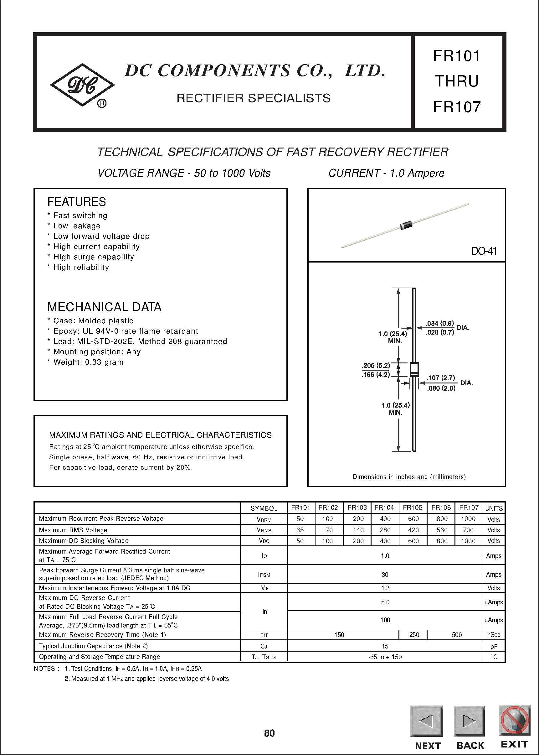 Datasheet FR101 - TECHNICAL SPECIFICATIONS OF FAST RECOVERY RECTIFIER page 1