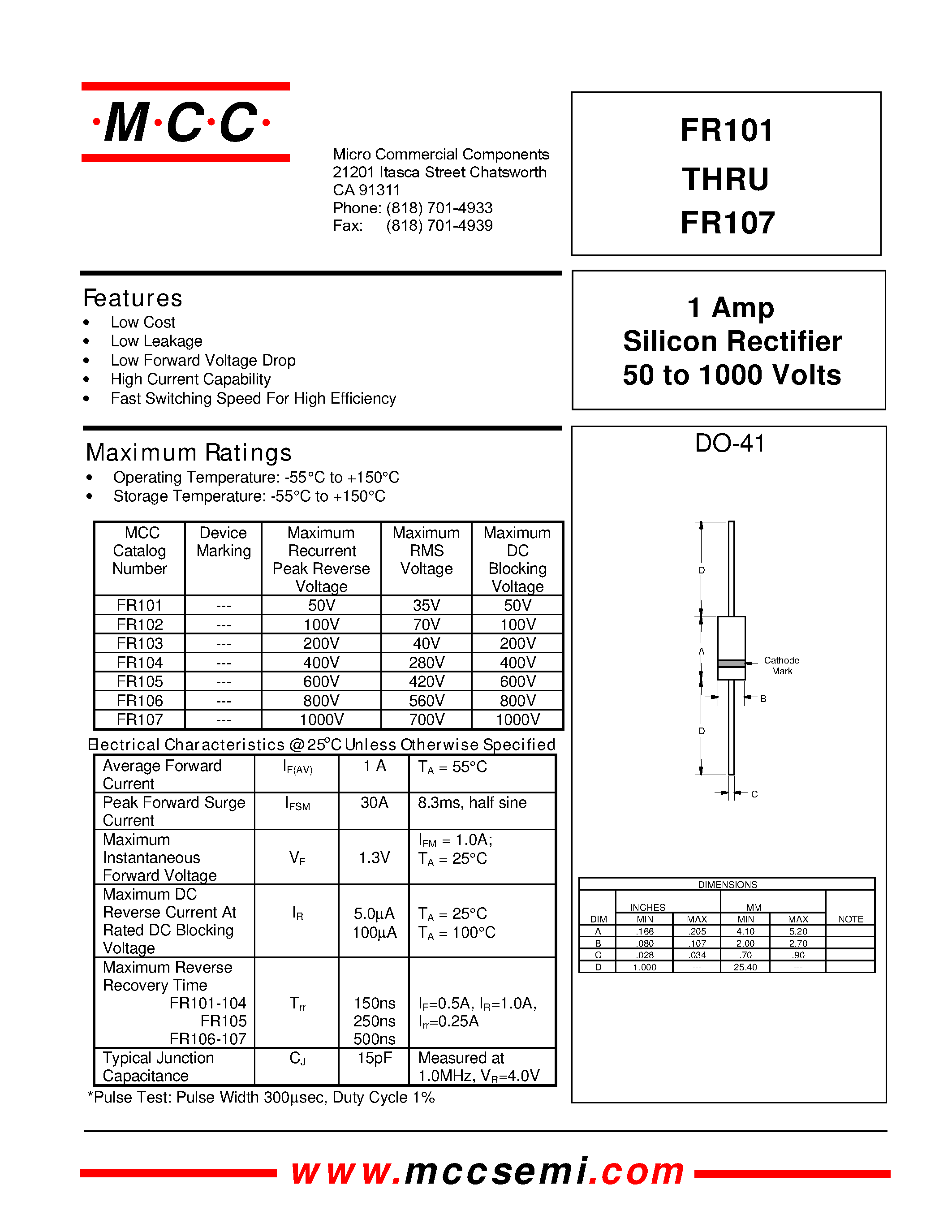 Datasheet FR101 - 1 Amp Silicon Rectifier 50 to 1000 Volts page 1