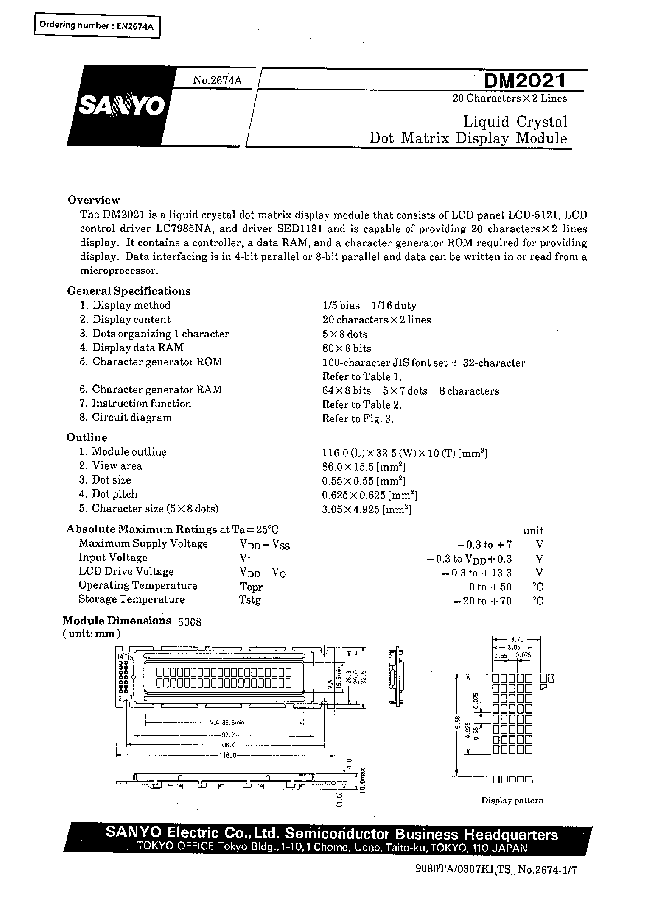Datasheet DM2021 - 20 characters x 2 line Liquid Crystal Dot Matrix Display Module page 1