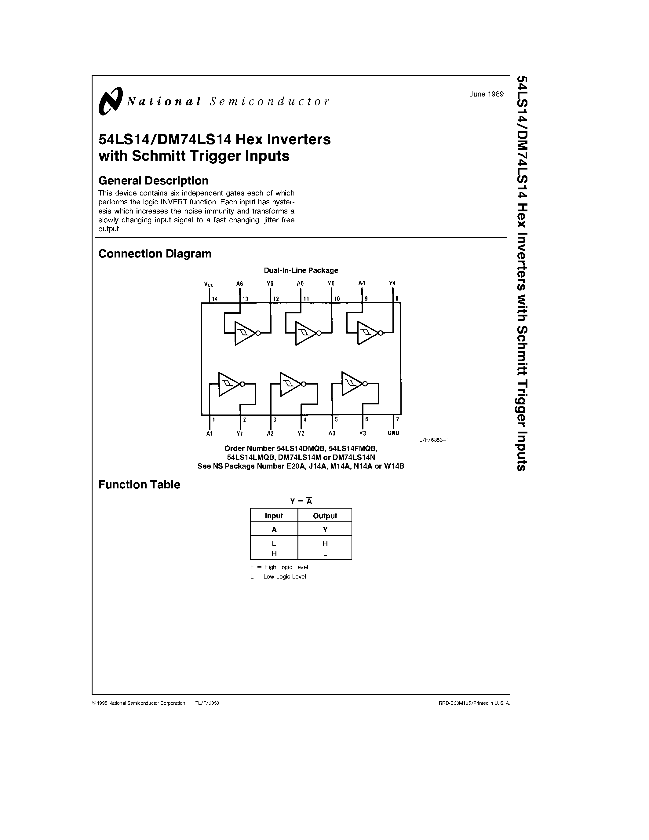 Datasheet DM74 - Hex Inverters with Schmitt Trigger Inputs page 1