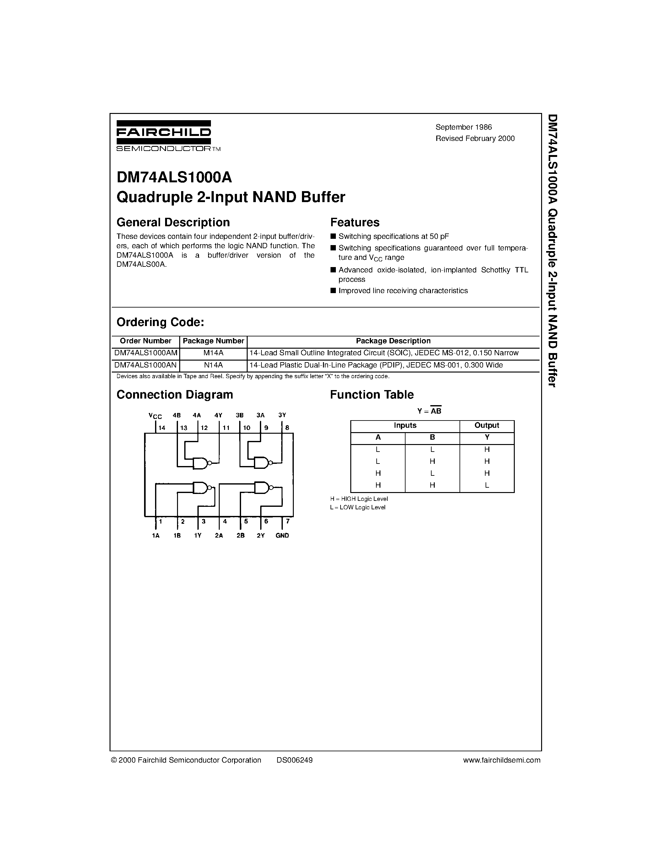 Datasheet DM74ALS1000AN - Quadruple 2-Input NAND Buffer page 1