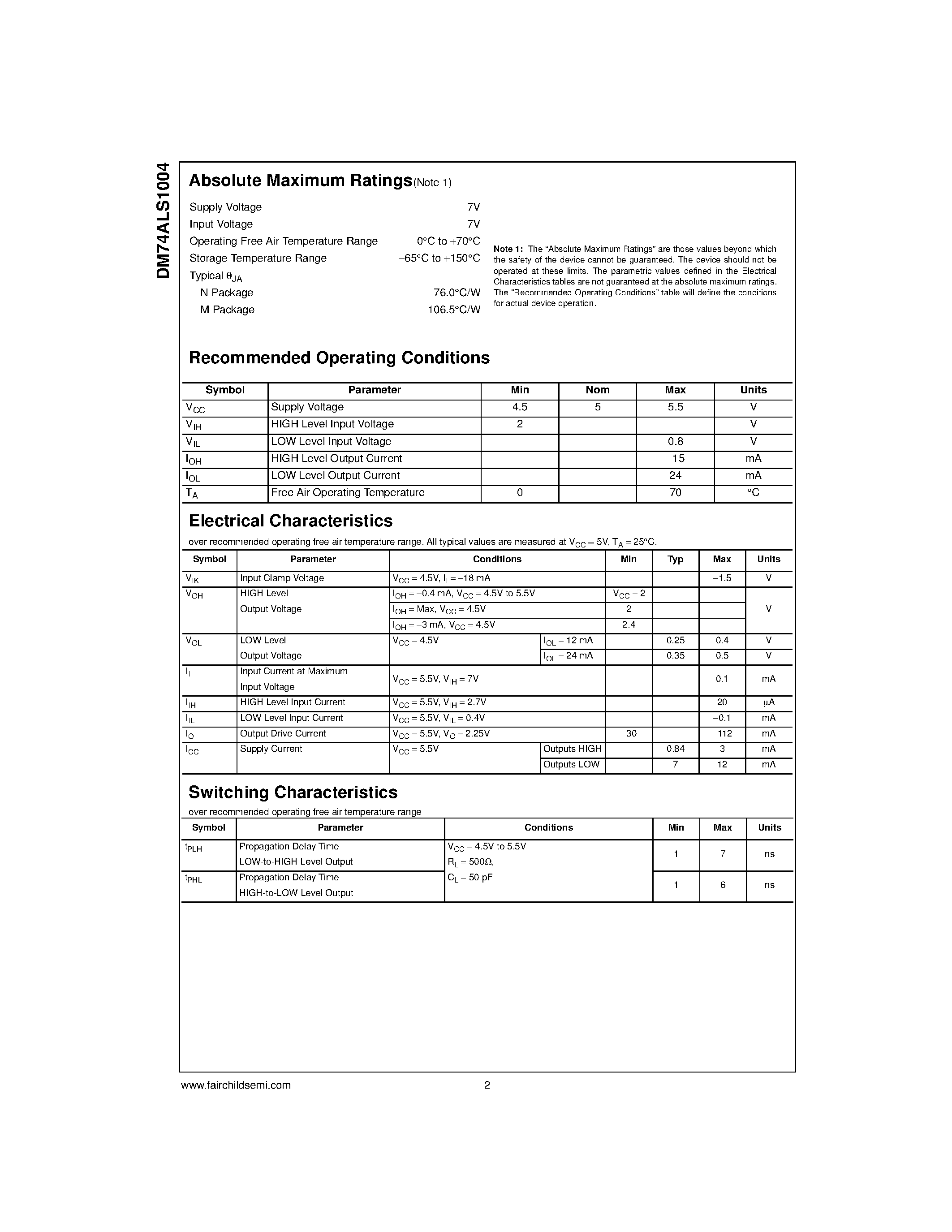 Datasheet DM74ALS1004 - Hex Inverting Driver page 2