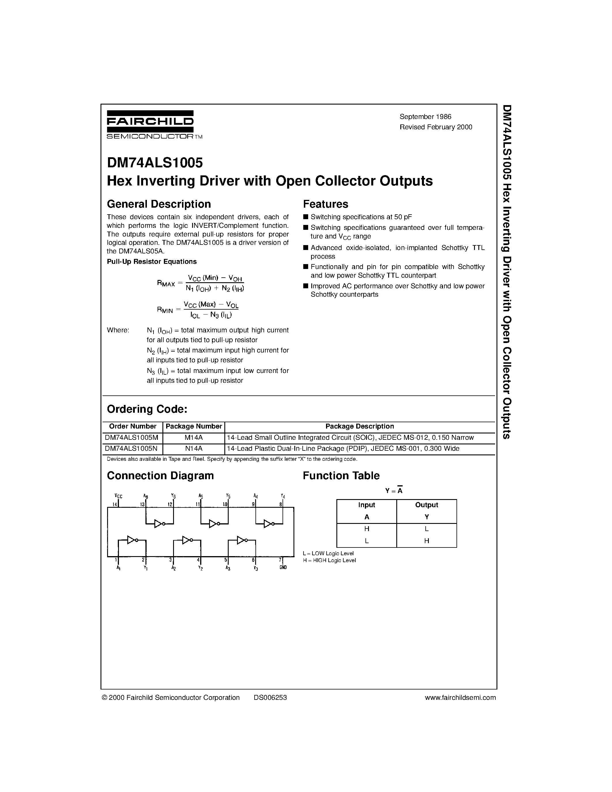 Datasheet DM74ALS1005 - Hex Inverting Driver with Open Collector Outputs page 1