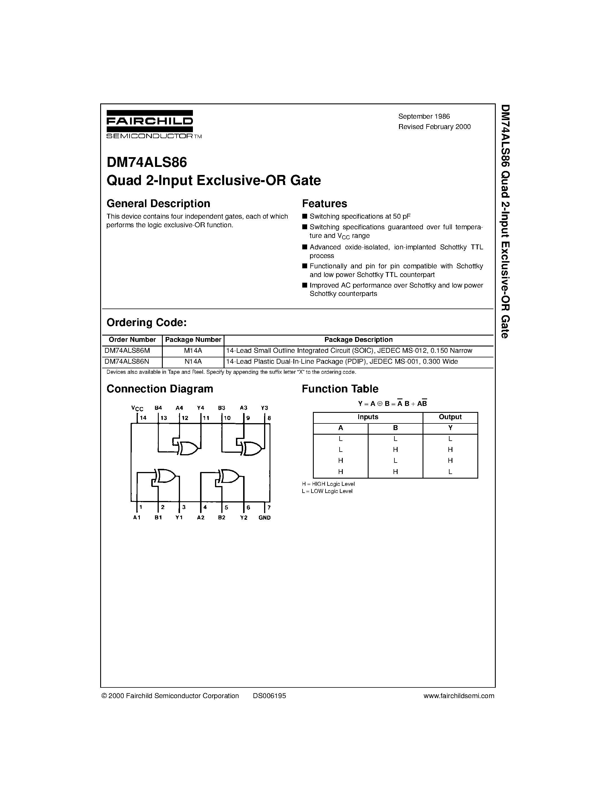 Datasheet DM74ALS86N - Quad 2-Input Exclusive-OR Gate page 1