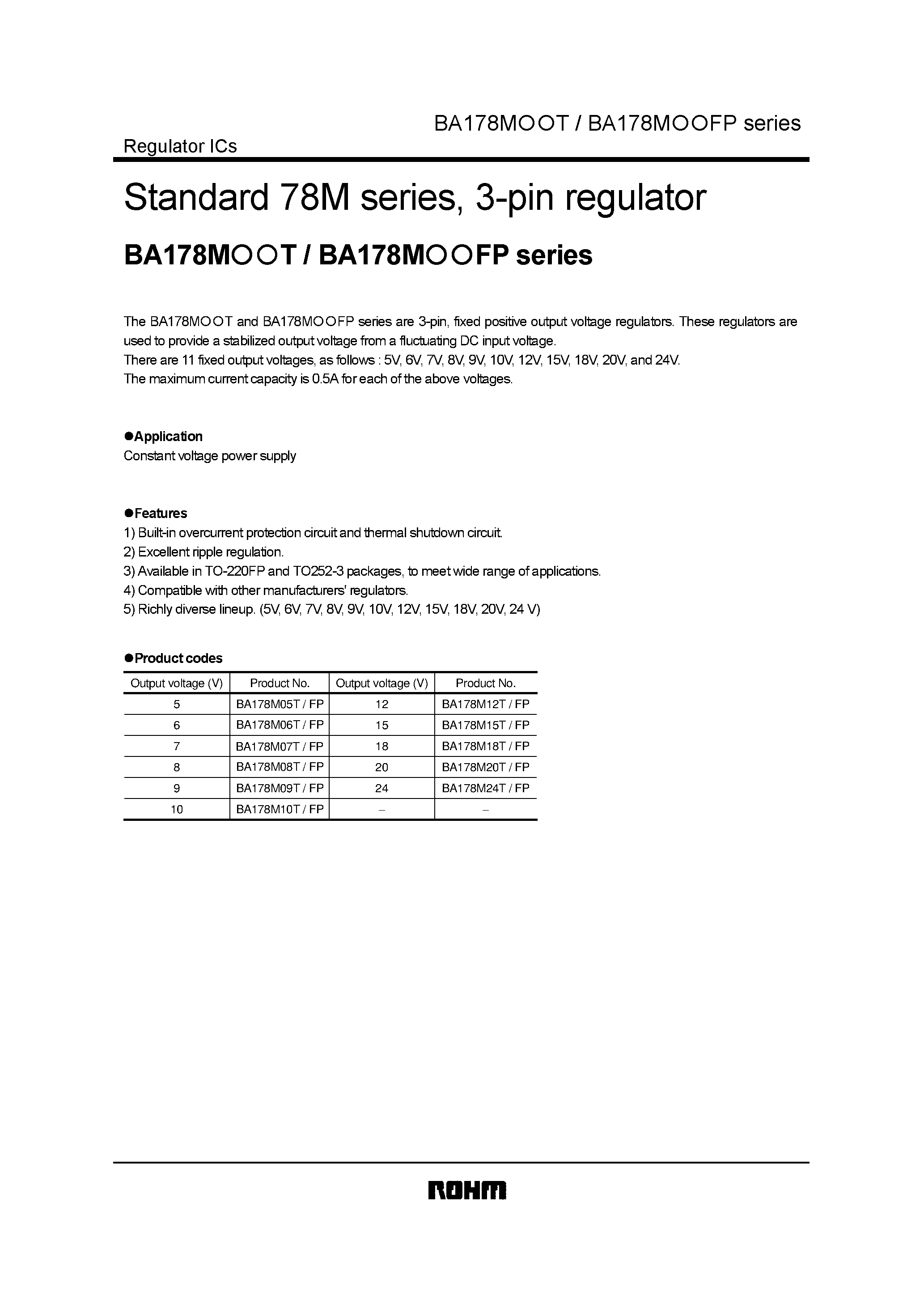 Даташит BA178M08T - Standard 78M series/ 3-pin regulator страница 1