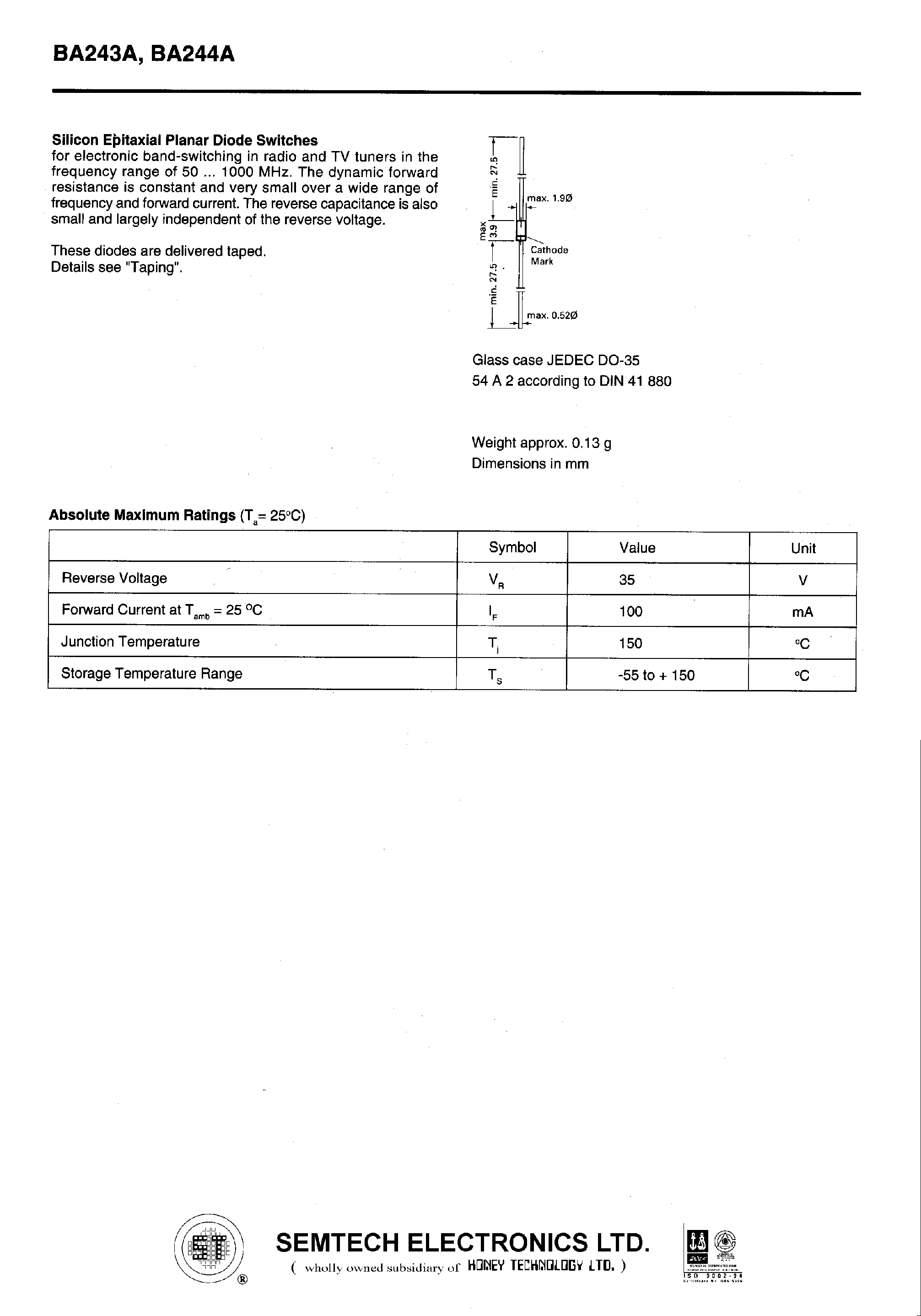 Datasheet BA243 - Silicon Epitaxial Planar Diode Switches page 1
