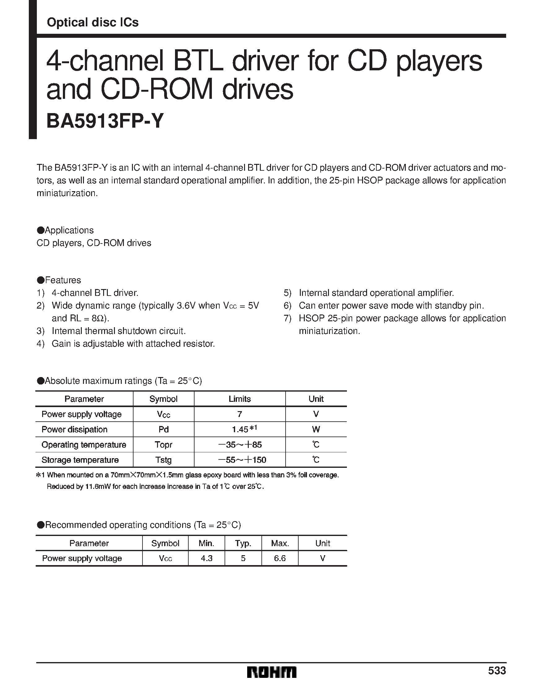 Datasheet BA5913FP-Y - 4-channel BTL driver for CD players and CD-ROM drives page 1
