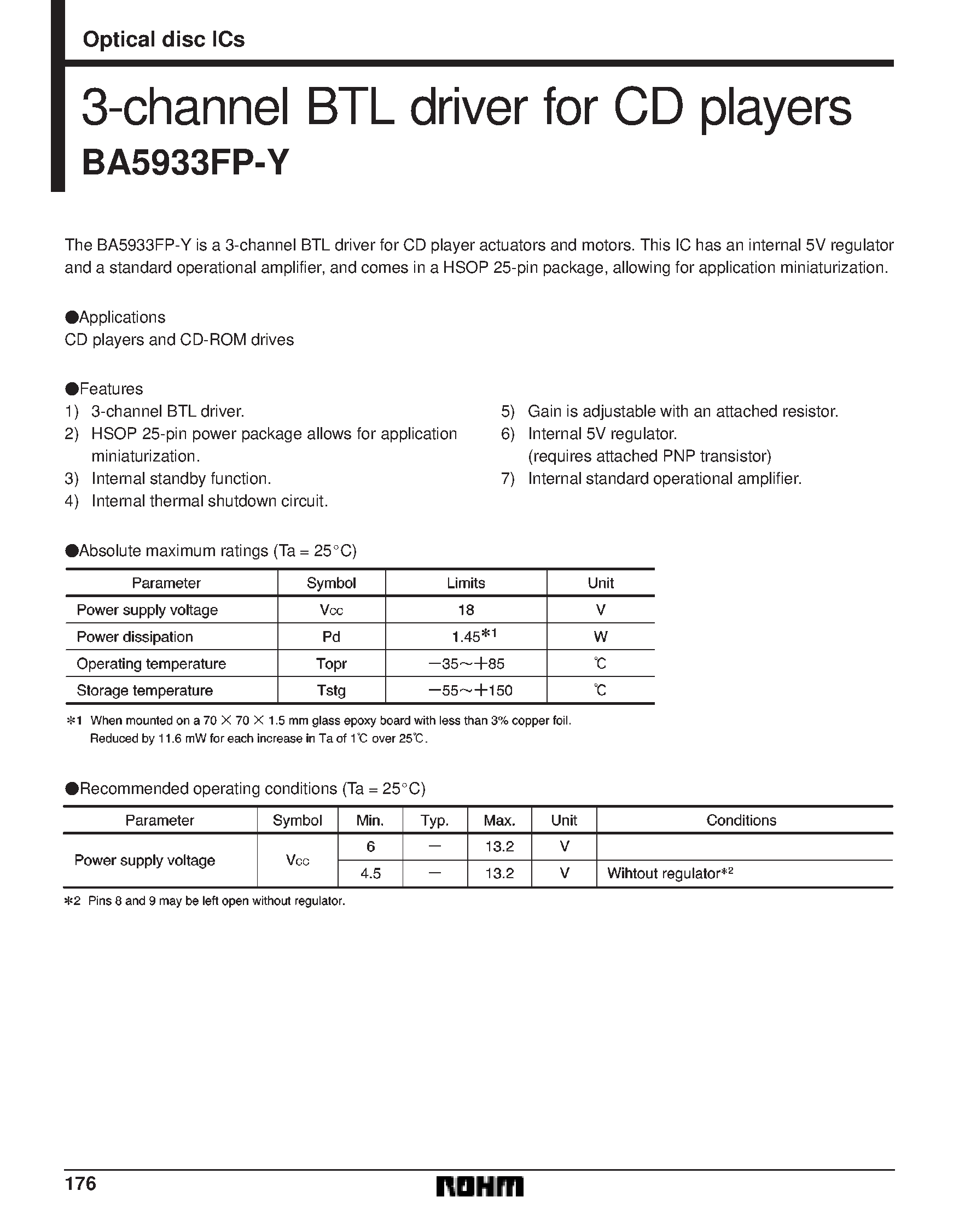 Datasheet BA5933FP-Y - 3-channel BTL driver for CD players page 1
