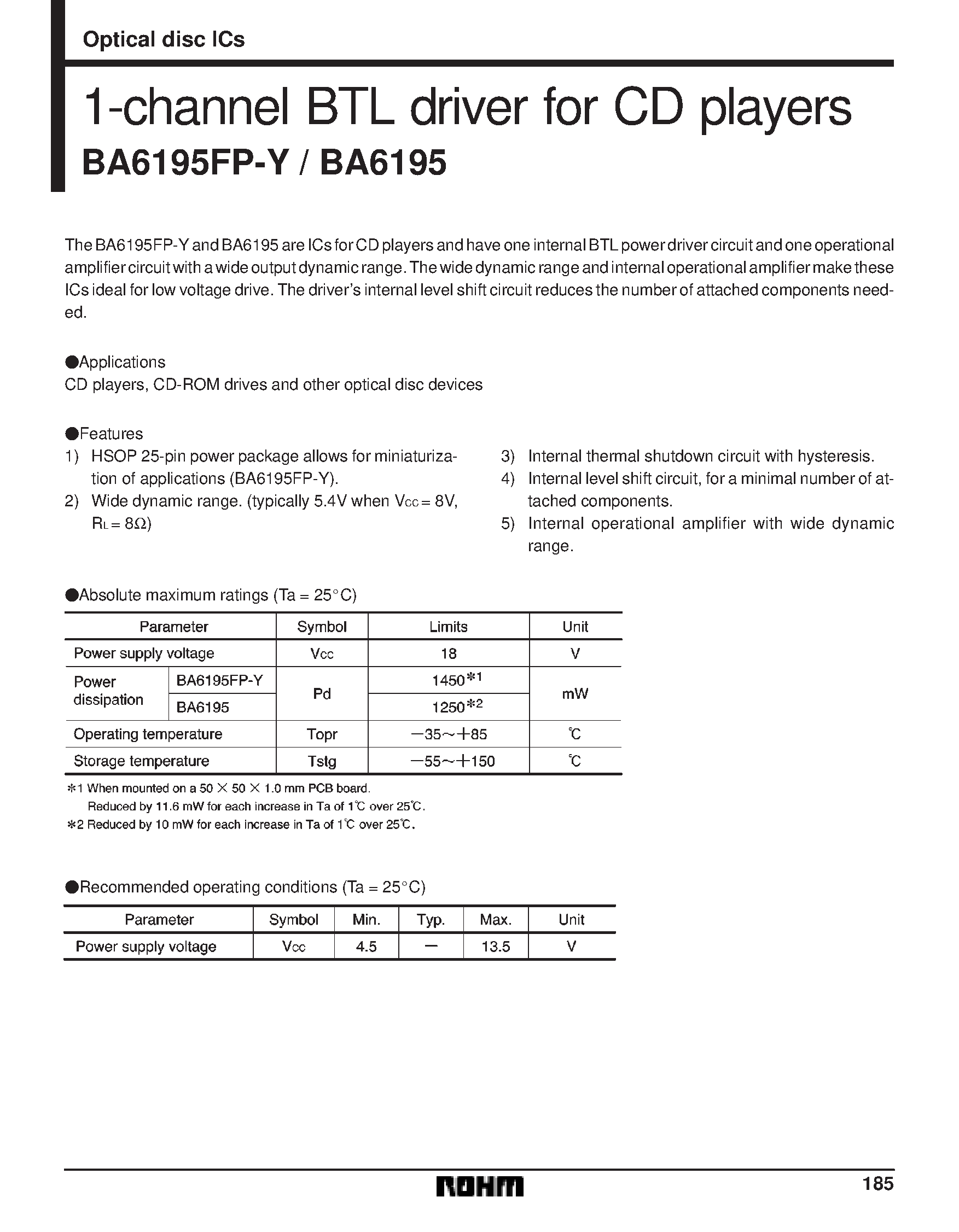Datasheet BA6195FP-Y - 1-channel BTL driver for CD players page 1