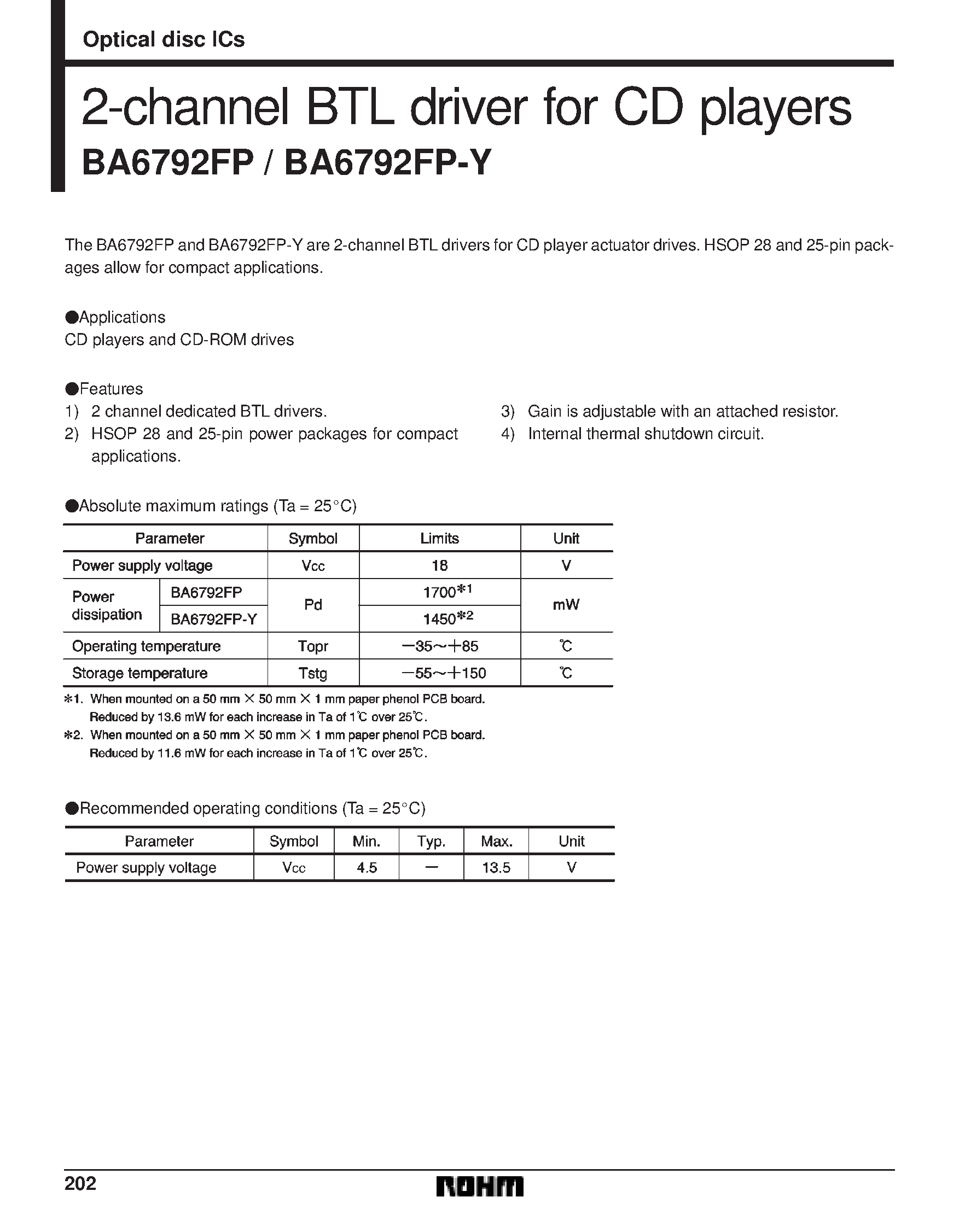 Datasheet BA6792FP-Y - 2-channel BTL driver for CD players page 1