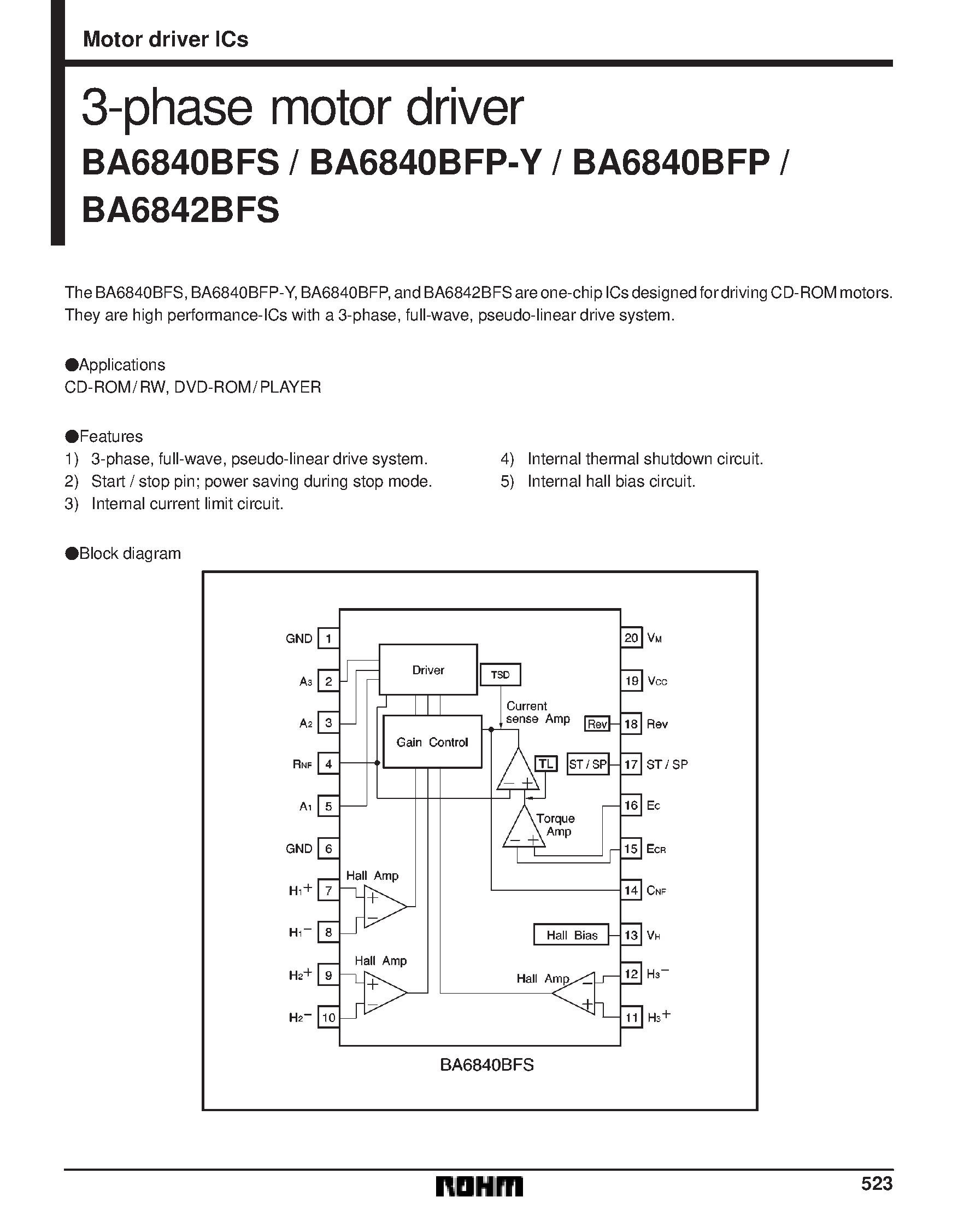 Datasheet BA6840BFP-Y - 3-phase motor driver page 1