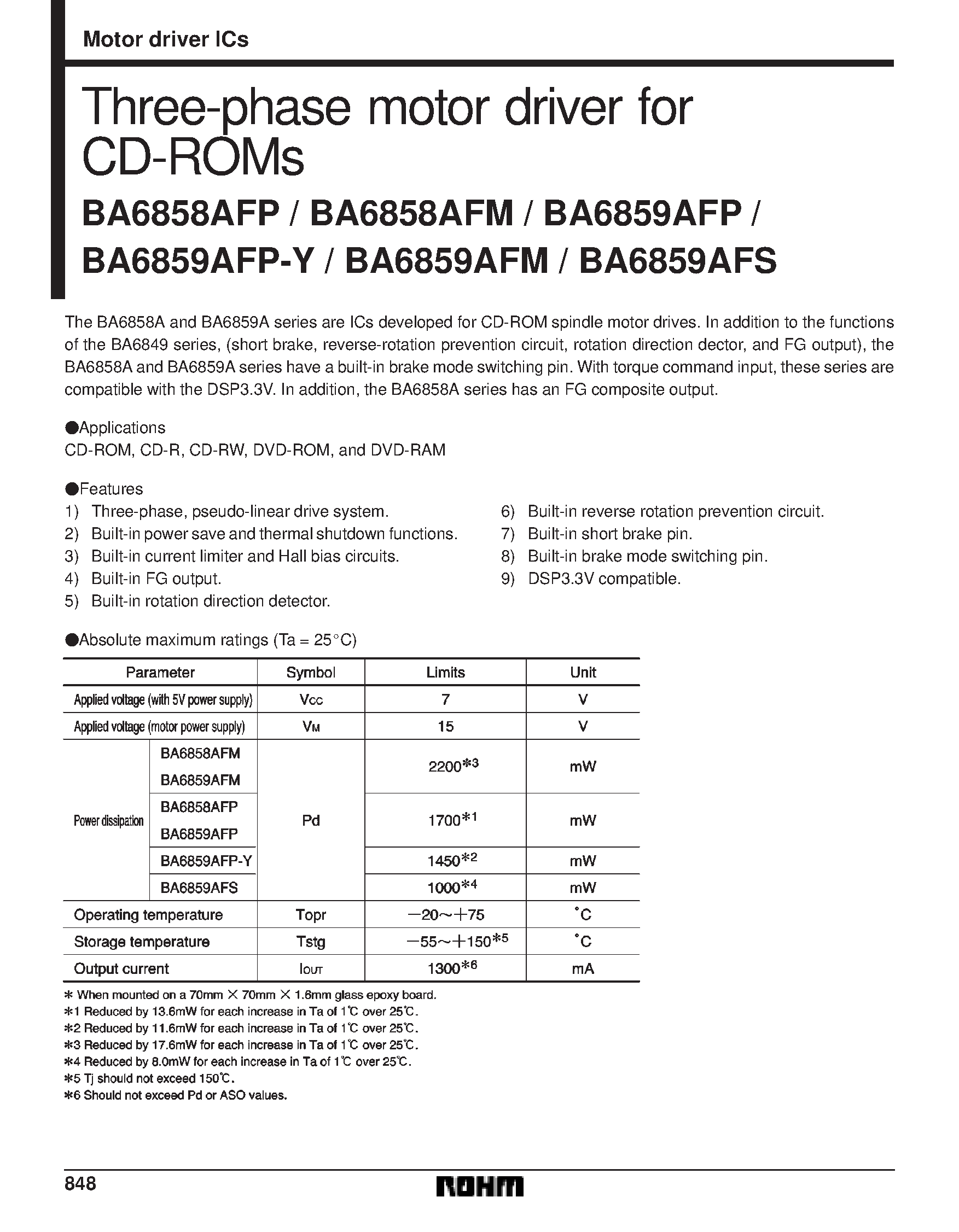 Datasheet BA6859AFP-Y - Three-phase motor driver for CD-ROMs page 1